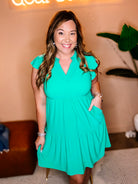 Louise Ruffle Sleeve Dress-Emerald-Dresses-Dear Me Southern Boutique, located in DeRidder, Louisiana