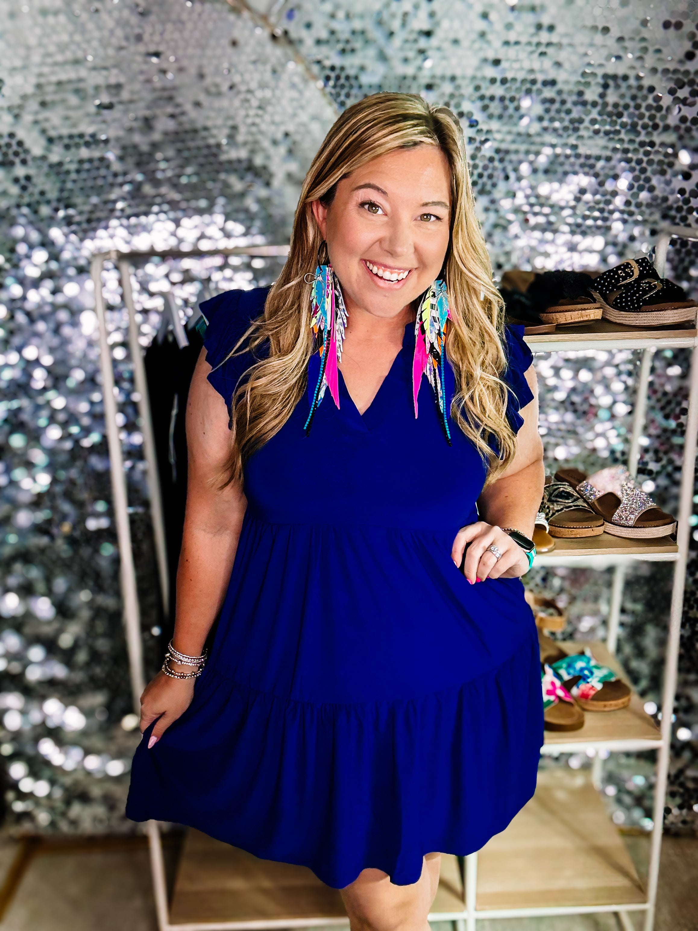 Louise Ruffle Sleeve Dress-Navy-Dress-Dear Me Southern Boutique, located in DeRidder, Louisiana