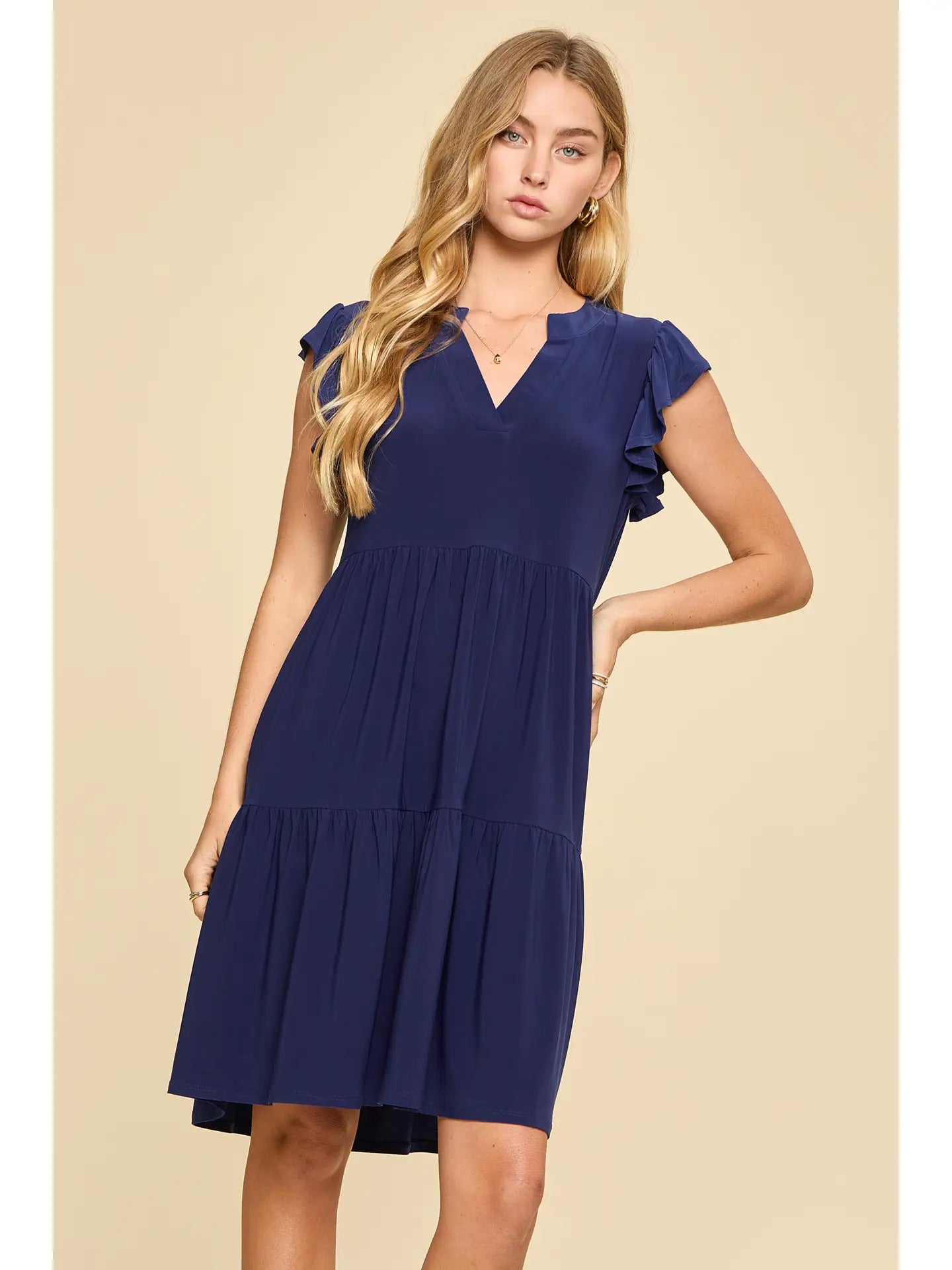 Louise Ruffle Sleeve Dress-Navy-Dress-Dear Me Southern Boutique, located in DeRidder, Louisiana