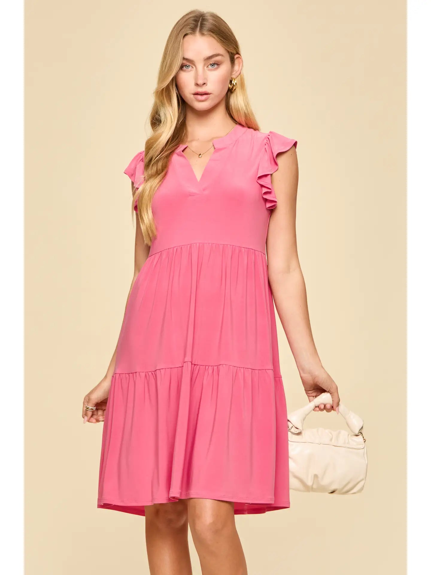 Louise Ruffle Sleeve Dress-Pink Glow-Dress-Dear Me Southern Boutique, located in DeRidder, Louisiana
