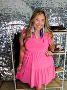 Louise Ruffle Sleeve Dress-Pink Glow-Dresses-Dear Me Southern Boutique, located in DeRidder, Louisiana