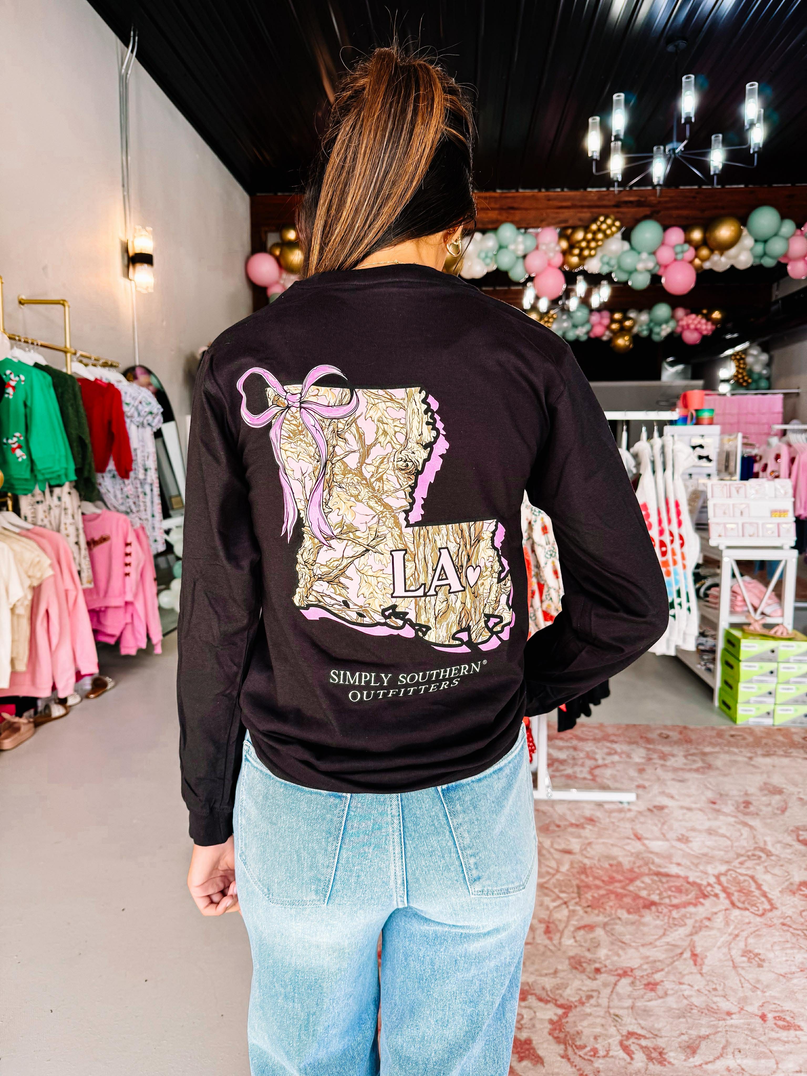 Louisiana Lovin' Bow Long Sleeve Tee-Graphic Tops-Dear Me Southern Boutique, located in DeRidder, Louisiana