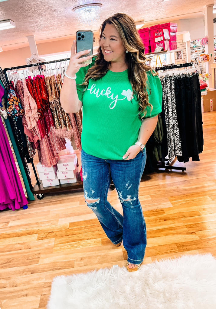 Lucky 4 Leaf Clover Sweater-Dear Me Southern Boutique, located in DeRidder, Louisiana