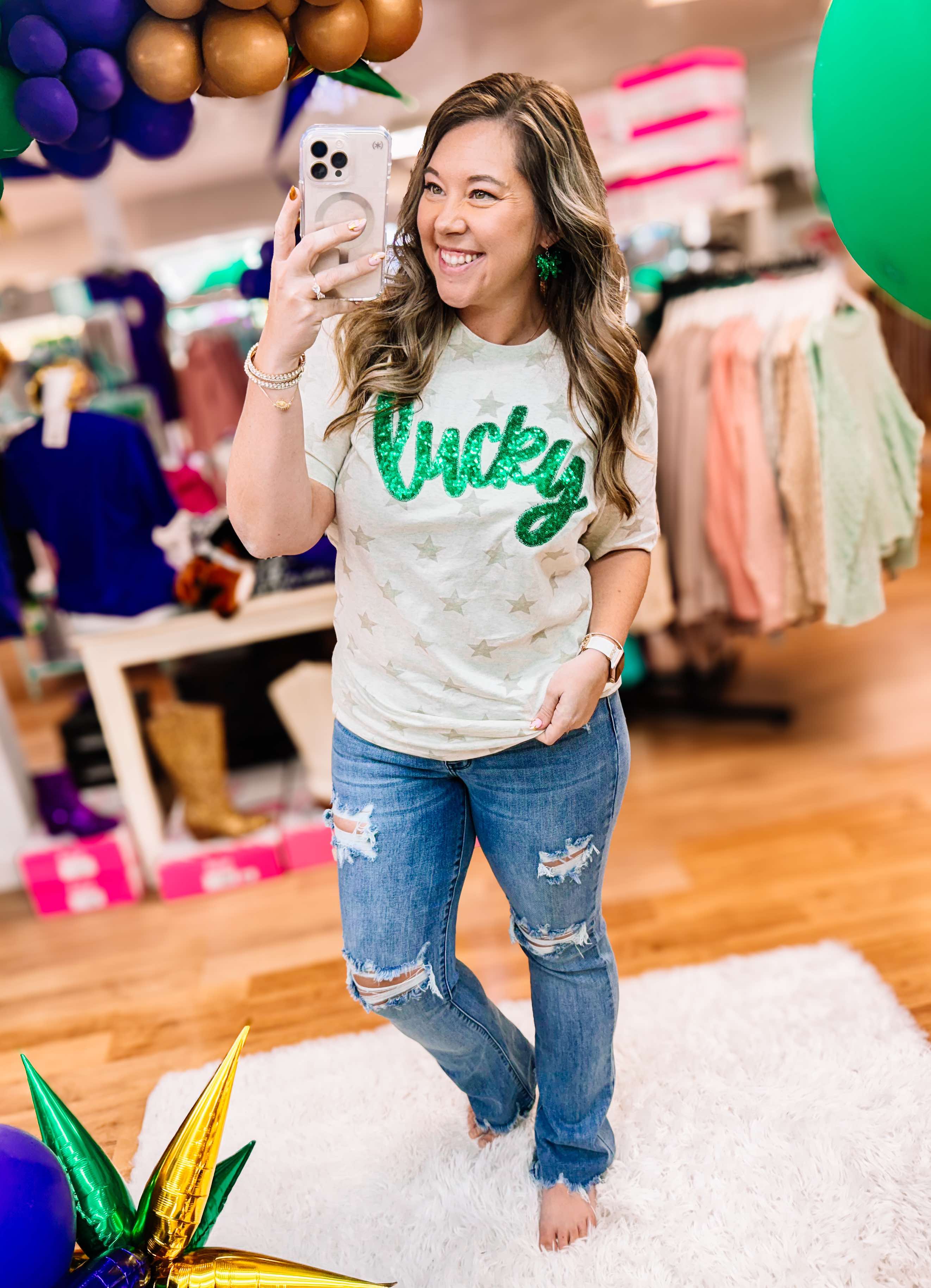 Lucky Sequin Star Tee-Graphic Tops-Dear Me Southern Boutique, located in DeRidder, Louisiana