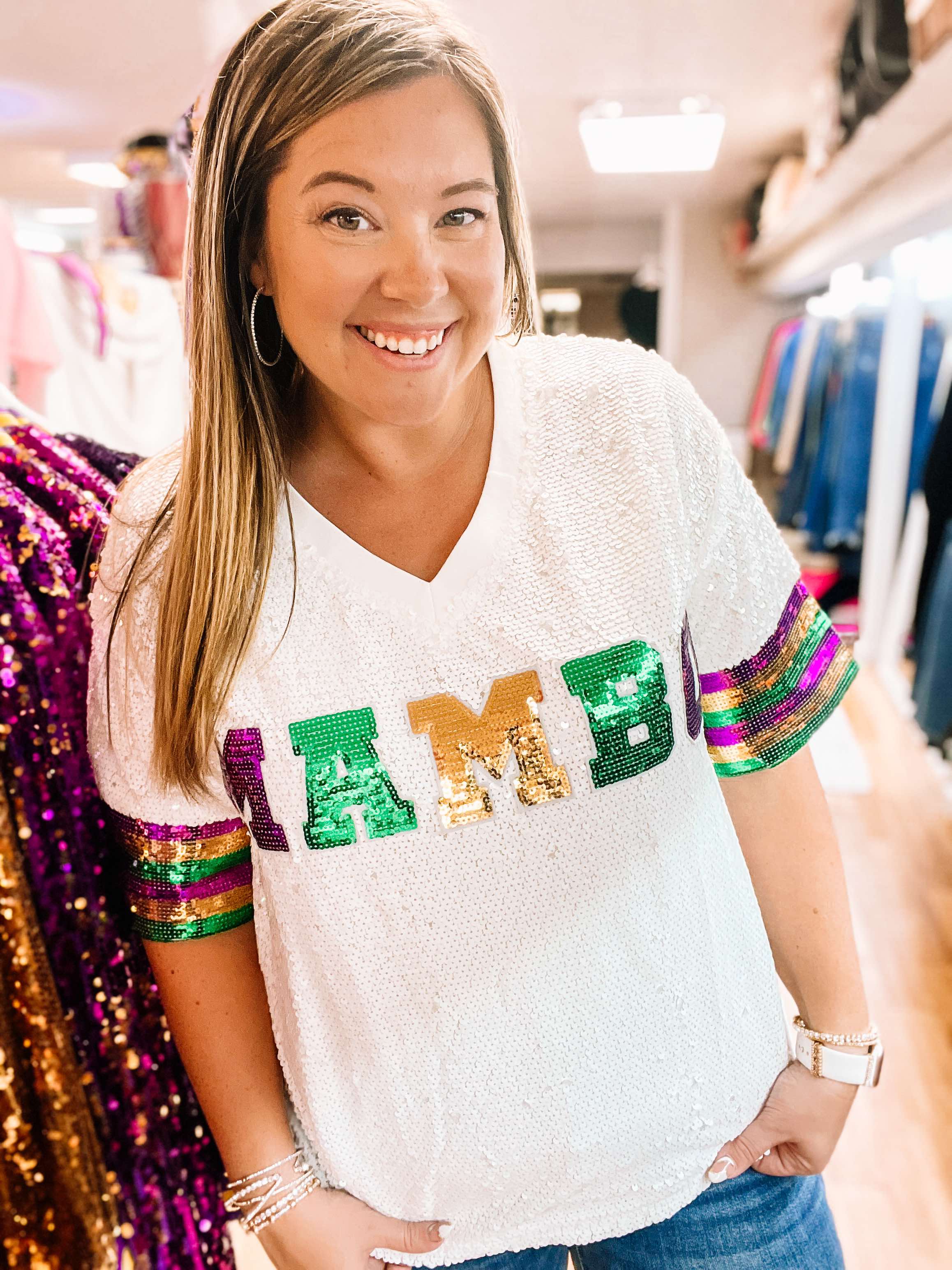 MAMBO Mardi Gras Sequin Top-Blouses-Dear Me Southern Boutique, located in DeRidder, Louisiana