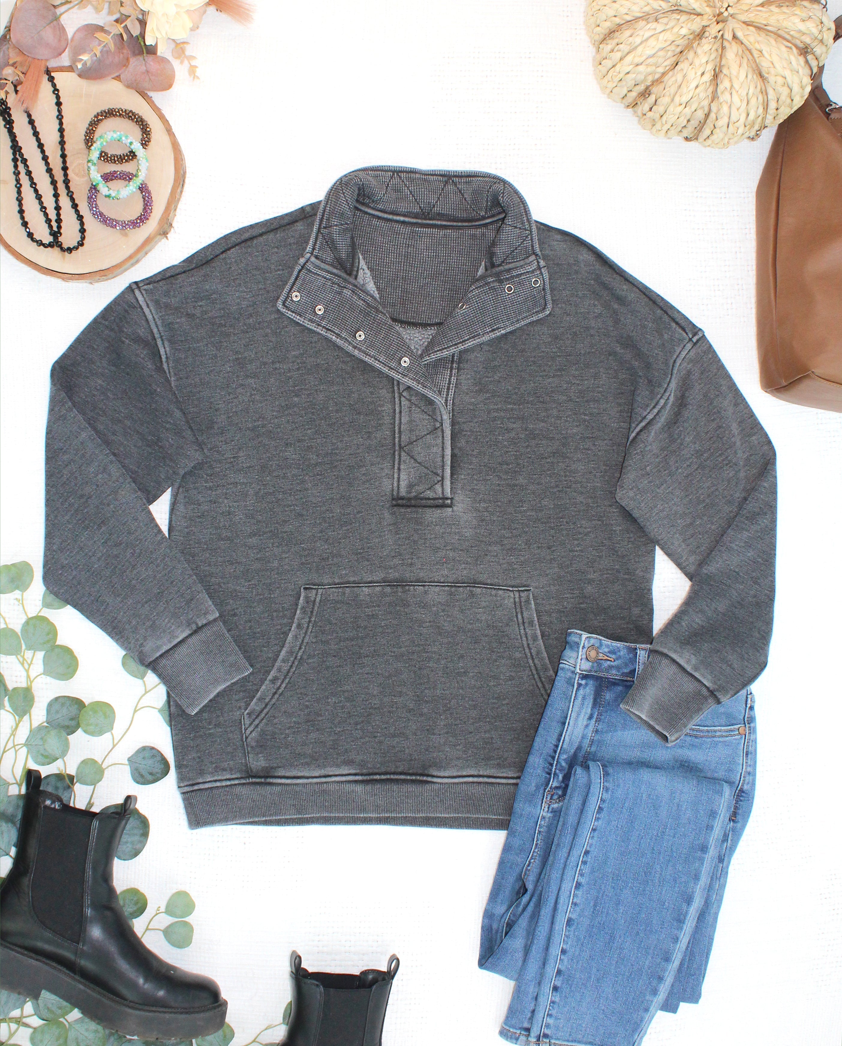 MARKET EXCLUSIVE Jesse Vintage Wash Snap Pullover - Black-Pullover-Dear Me Southern Boutique, located in DeRidder, Louisiana