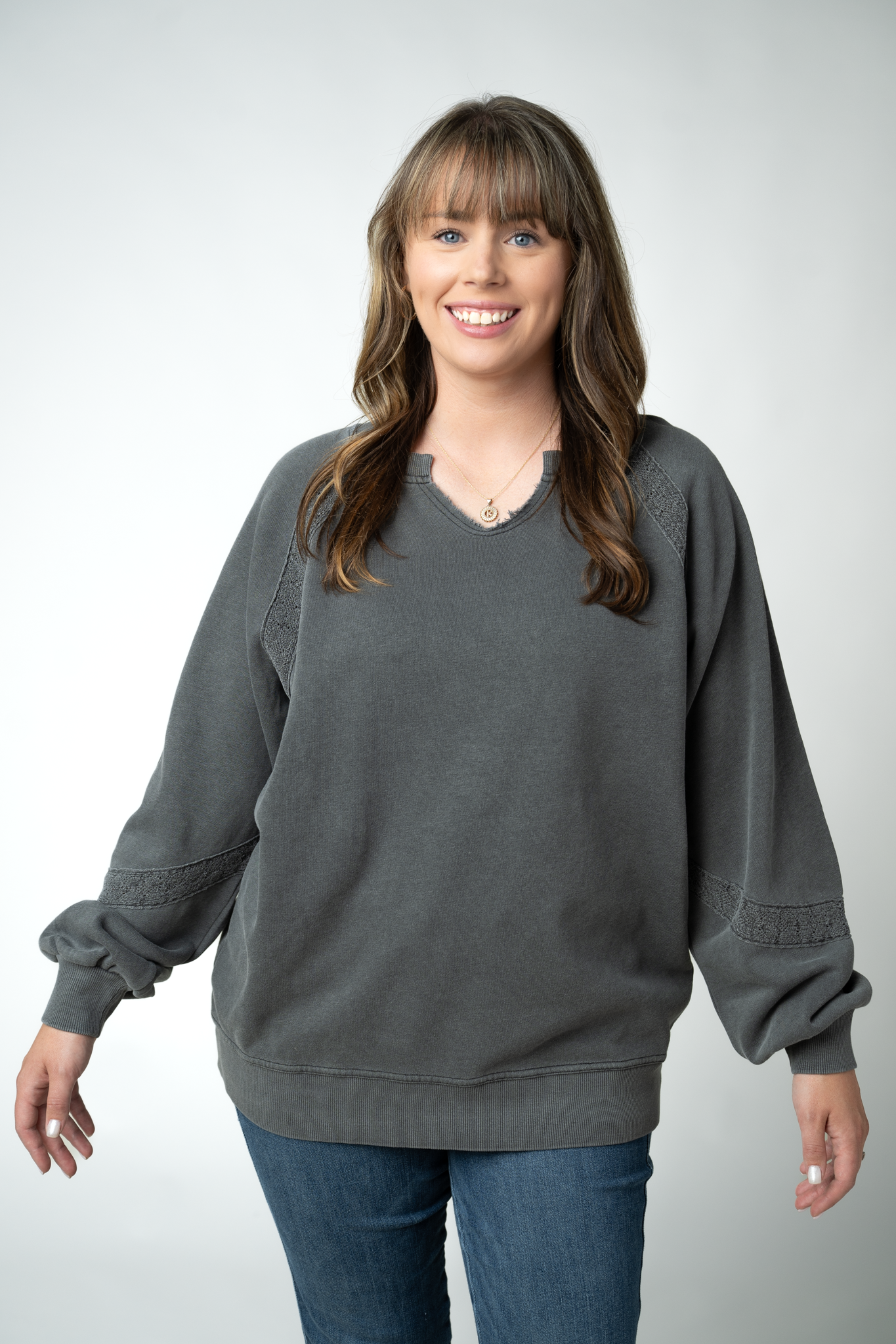 MARKET EXCLUSIVE Lace Accent Vintage Wash Pullover - Black-pullover-Dear Me Southern Boutique, located in DeRidder, Louisiana