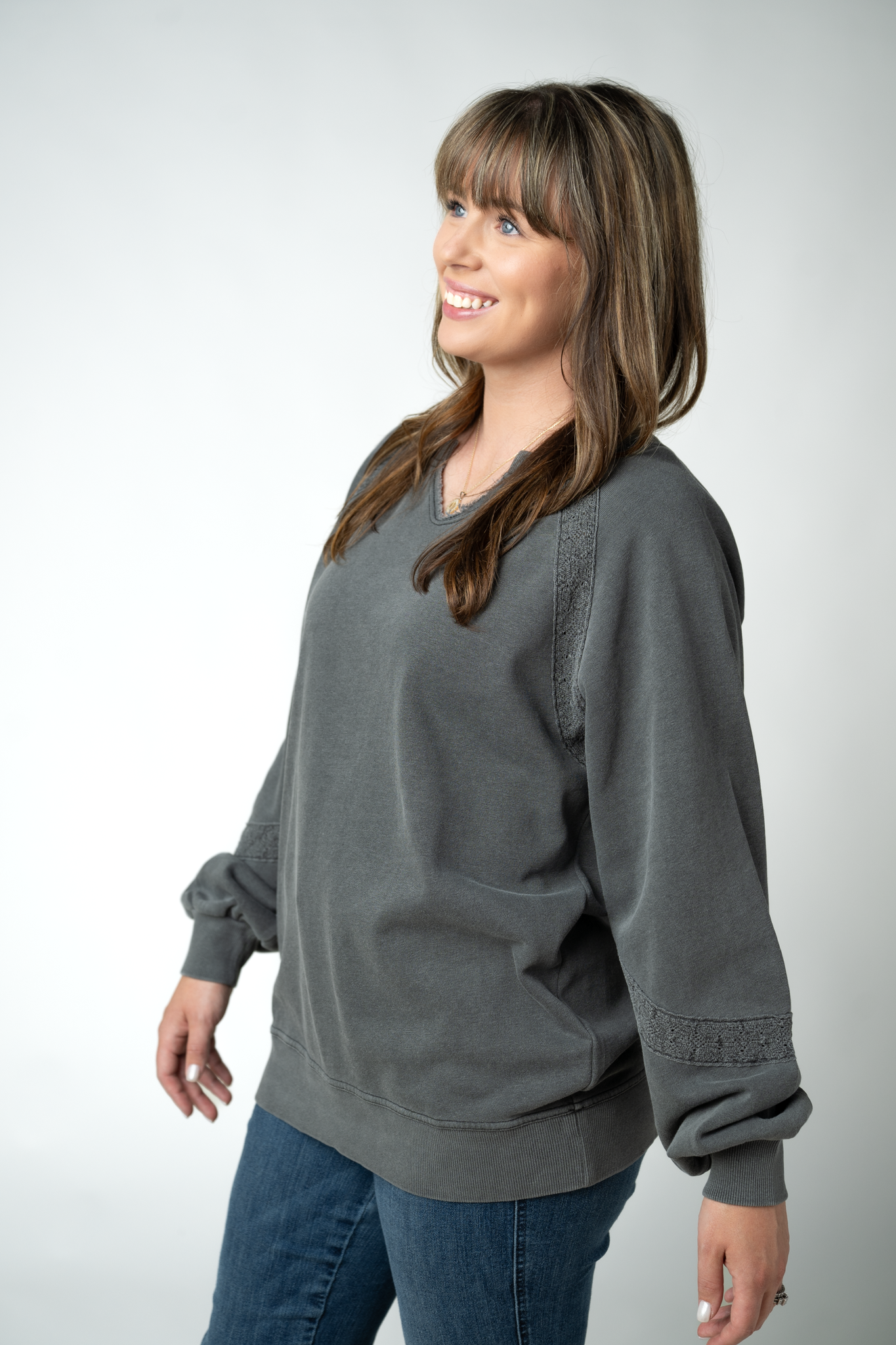 MARKET EXCLUSIVE Lace Accent Vintage Wash Pullover - Black-pullover-Dear Me Southern Boutique, located in DeRidder, Louisiana