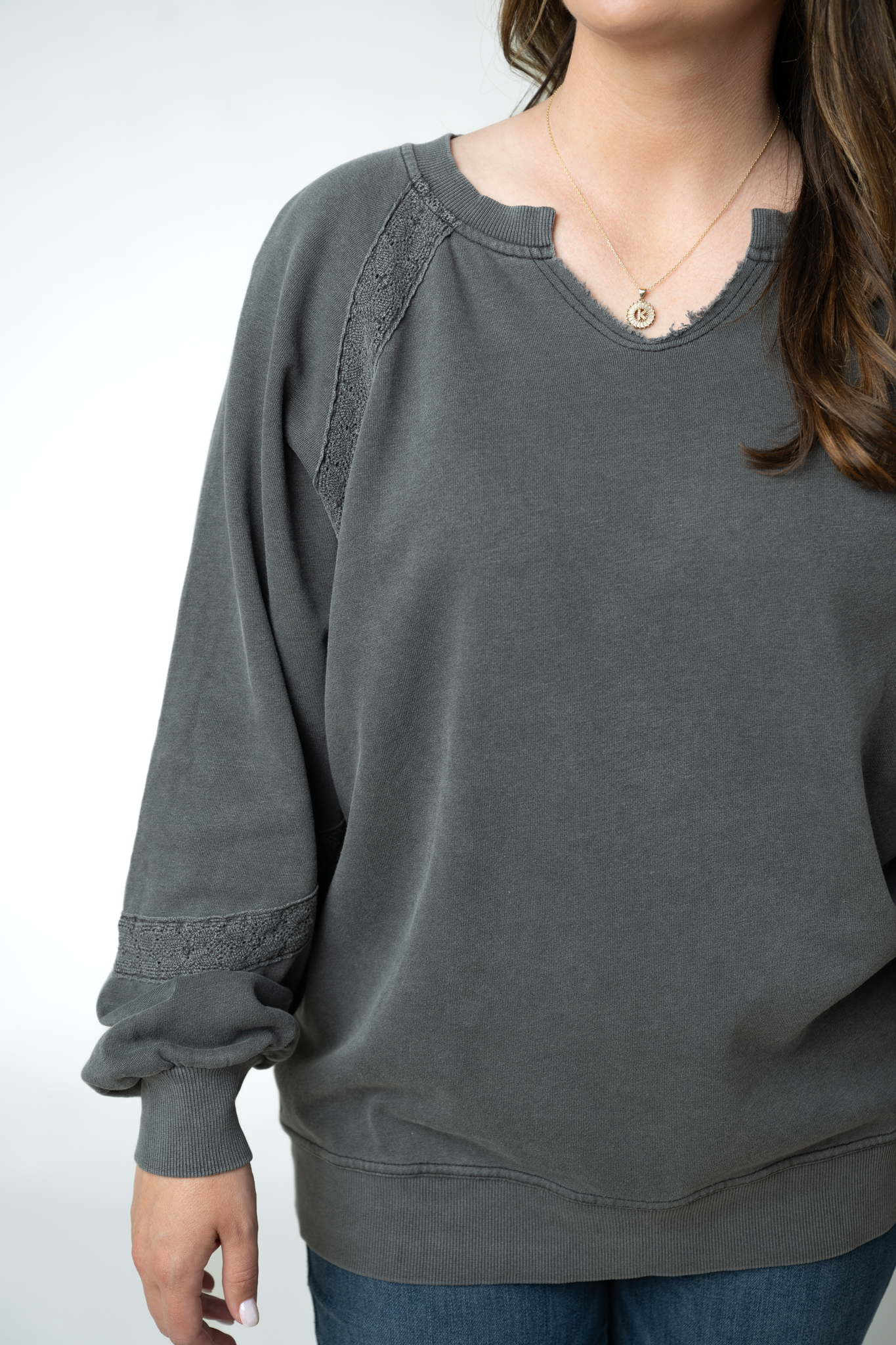 MARKET EXCLUSIVE Lace Accent Vintage Wash Pullover - Black-pullover-Dear Me Southern Boutique, located in DeRidder, Louisiana