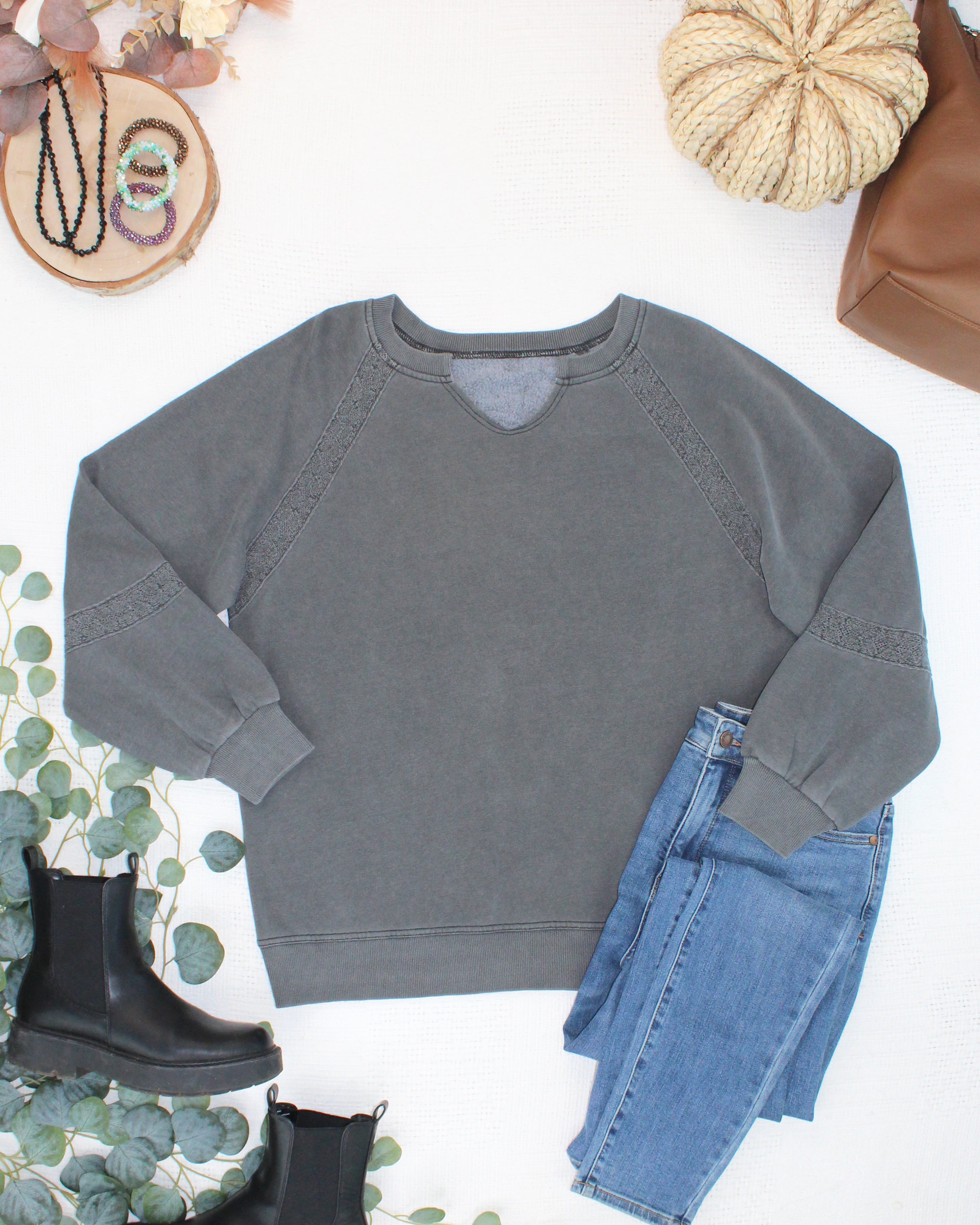 MARKET EXCLUSIVE Lace Accent Vintage Wash Pullover - Black-pullover-Dear Me Southern Boutique, located in DeRidder, Louisiana
