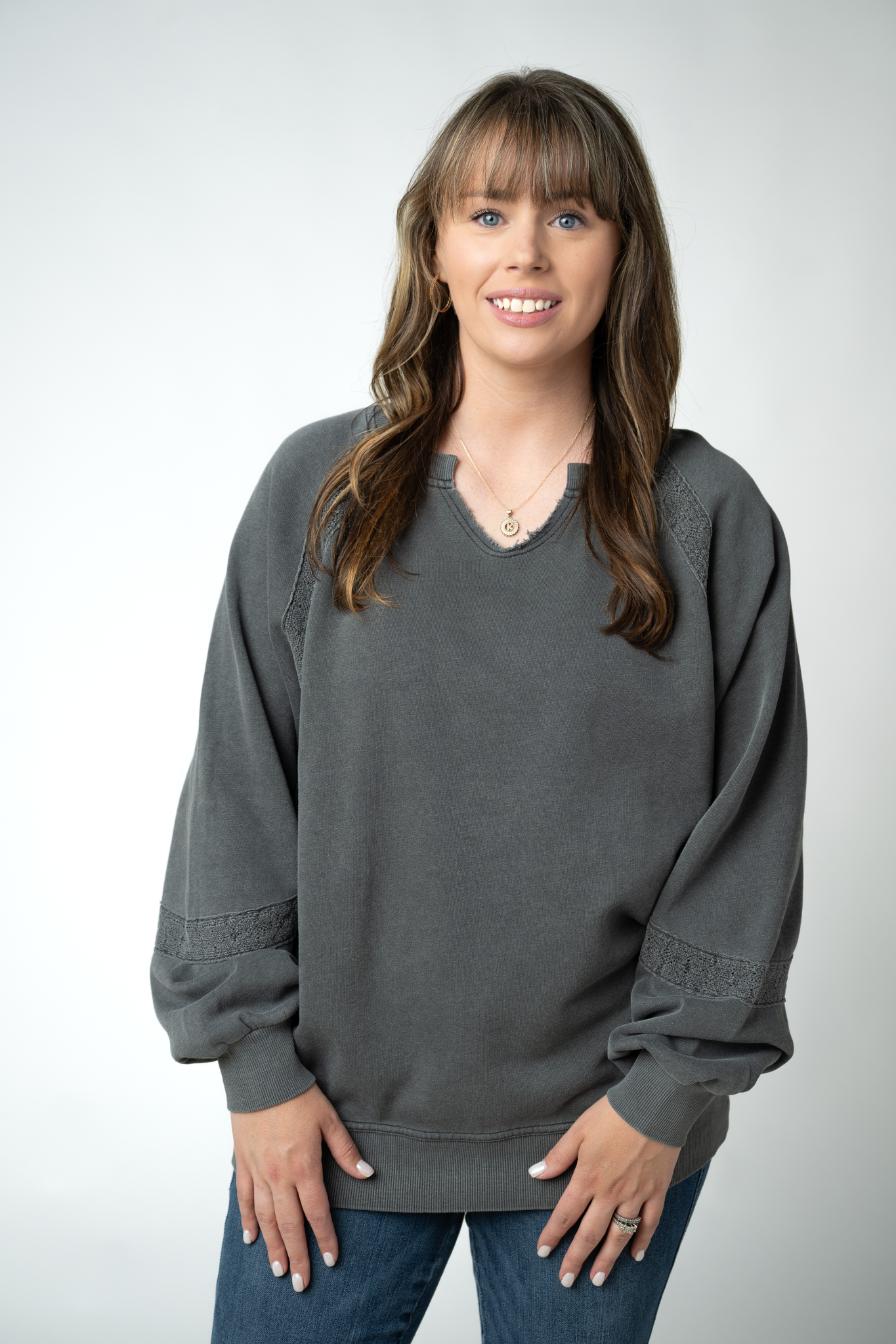 MARKET EXCLUSIVE Lace Accent Vintage Wash Pullover - Black-pullover-Dear Me Southern Boutique, located in DeRidder, Louisiana