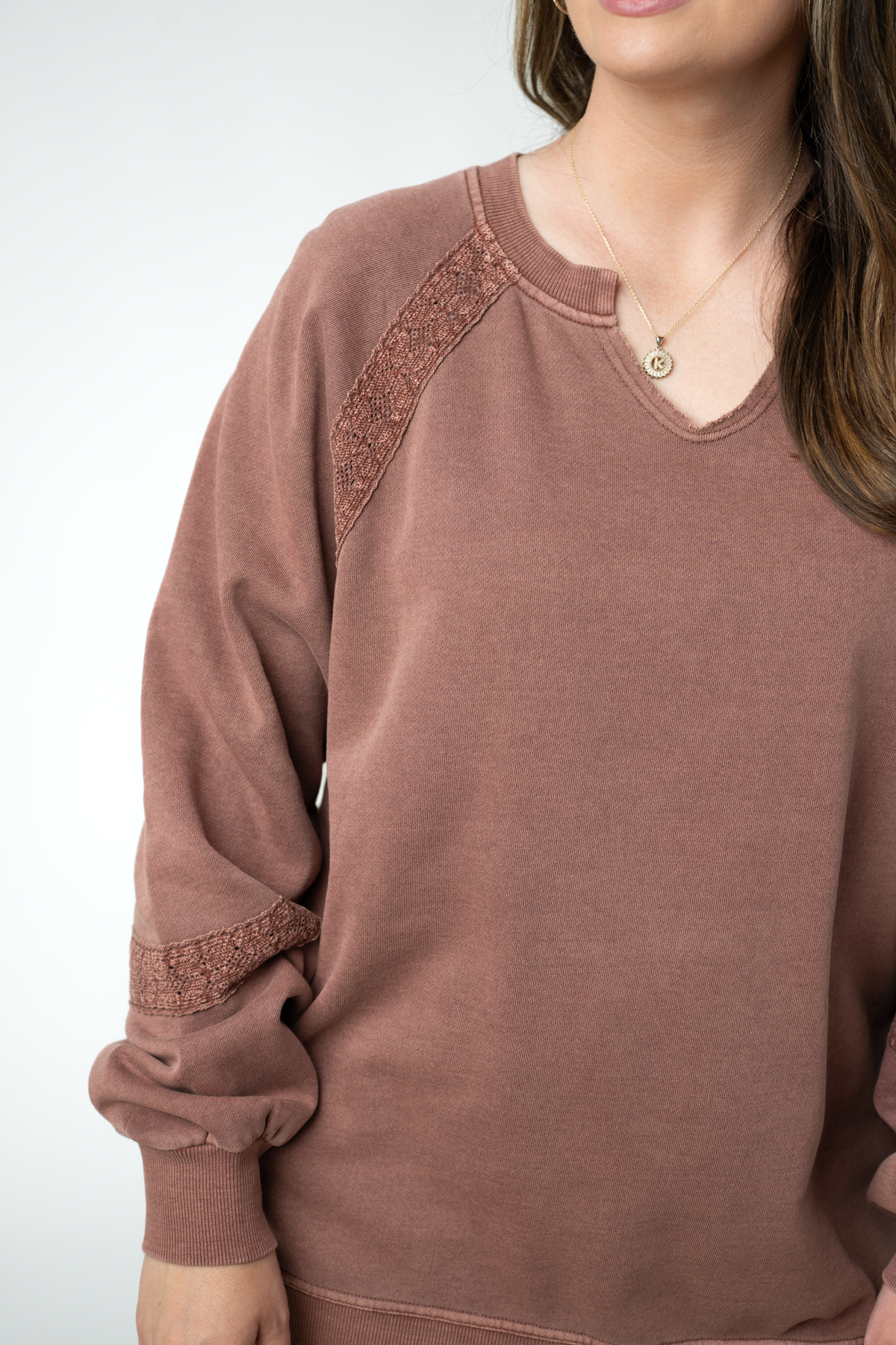 MARKET EXCLUSIVE Lace Accent Vintage Wash Pullover - Brown-Sweatshirts-Dear Me Southern Boutique, located in DeRidder, Louisiana