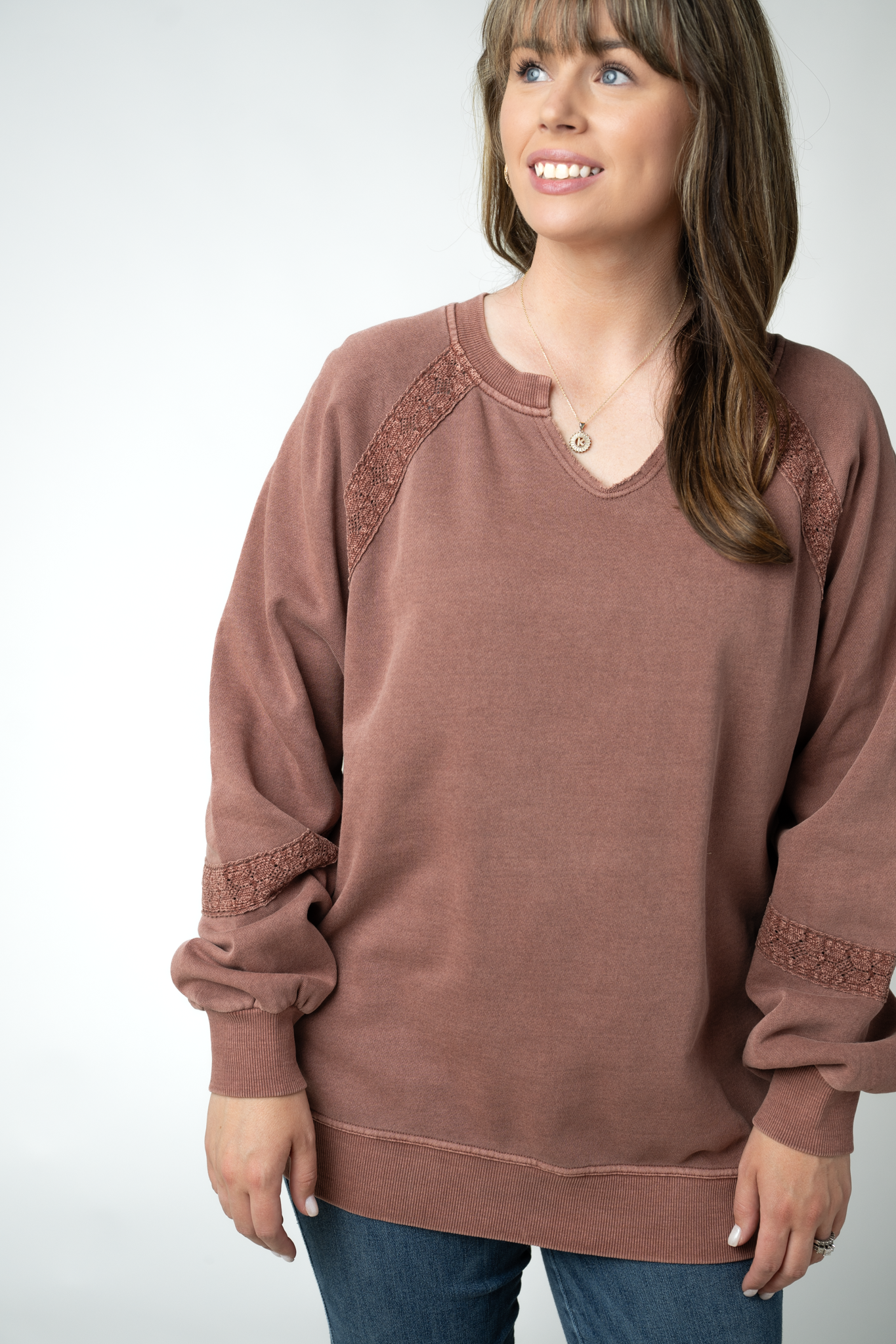 MARKET EXCLUSIVE Lace Accent Vintage Wash Pullover - Brown-pullover-Dear Me Southern Boutique, located in DeRidder, Louisiana