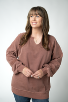 MARKET EXCLUSIVE Lace Accent Vintage Wash Pullover - Brown-pullover-Dear Me Southern Boutique, located in DeRidder, Louisiana