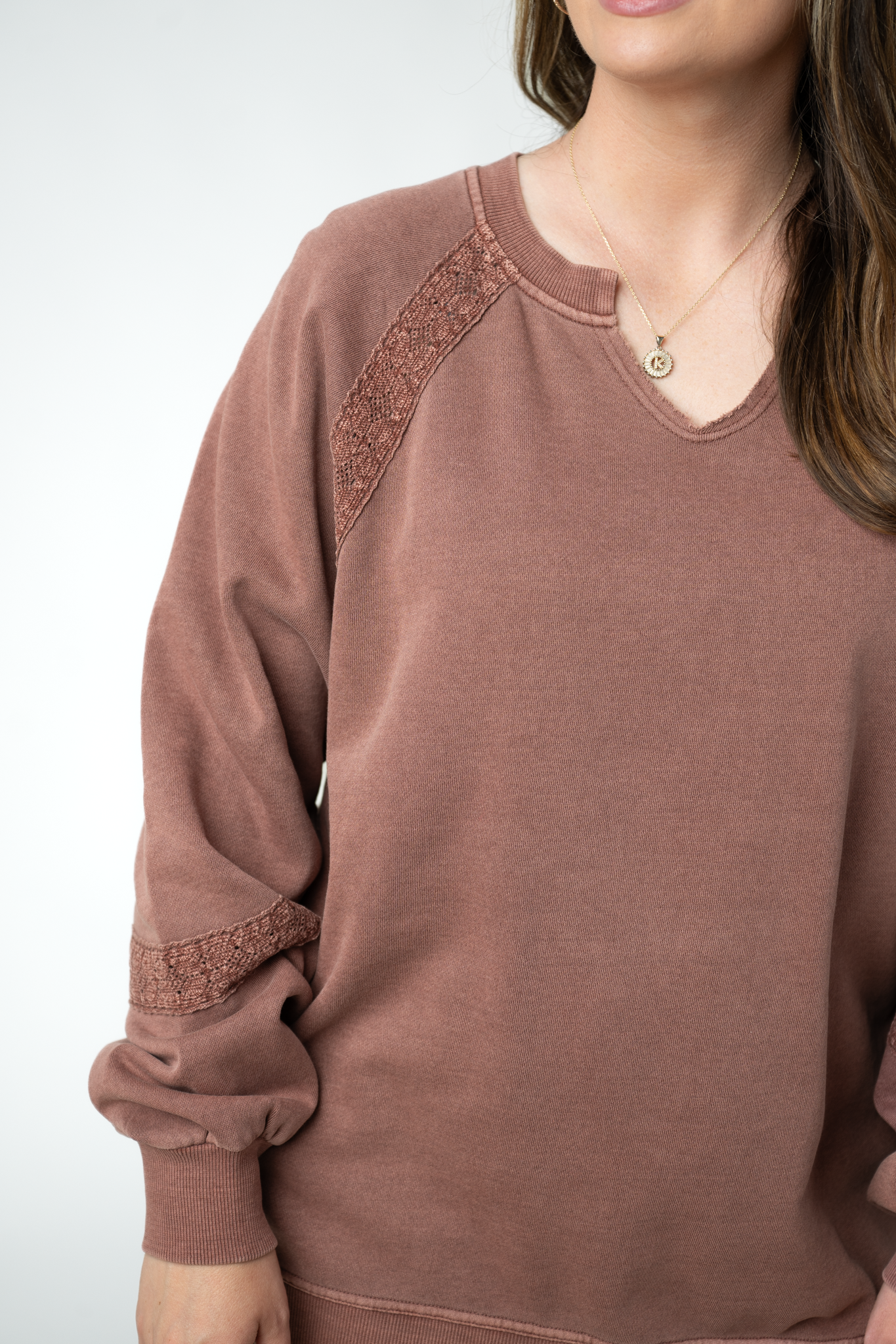 MARKET EXCLUSIVE Lace Accent Vintage Wash Pullover - Brown-pullover-Dear Me Southern Boutique, located in DeRidder, Louisiana