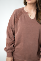 MARKET EXCLUSIVE Lace Accent Vintage Wash Pullover - Brown-pullover-Dear Me Southern Boutique, located in DeRidder, Louisiana