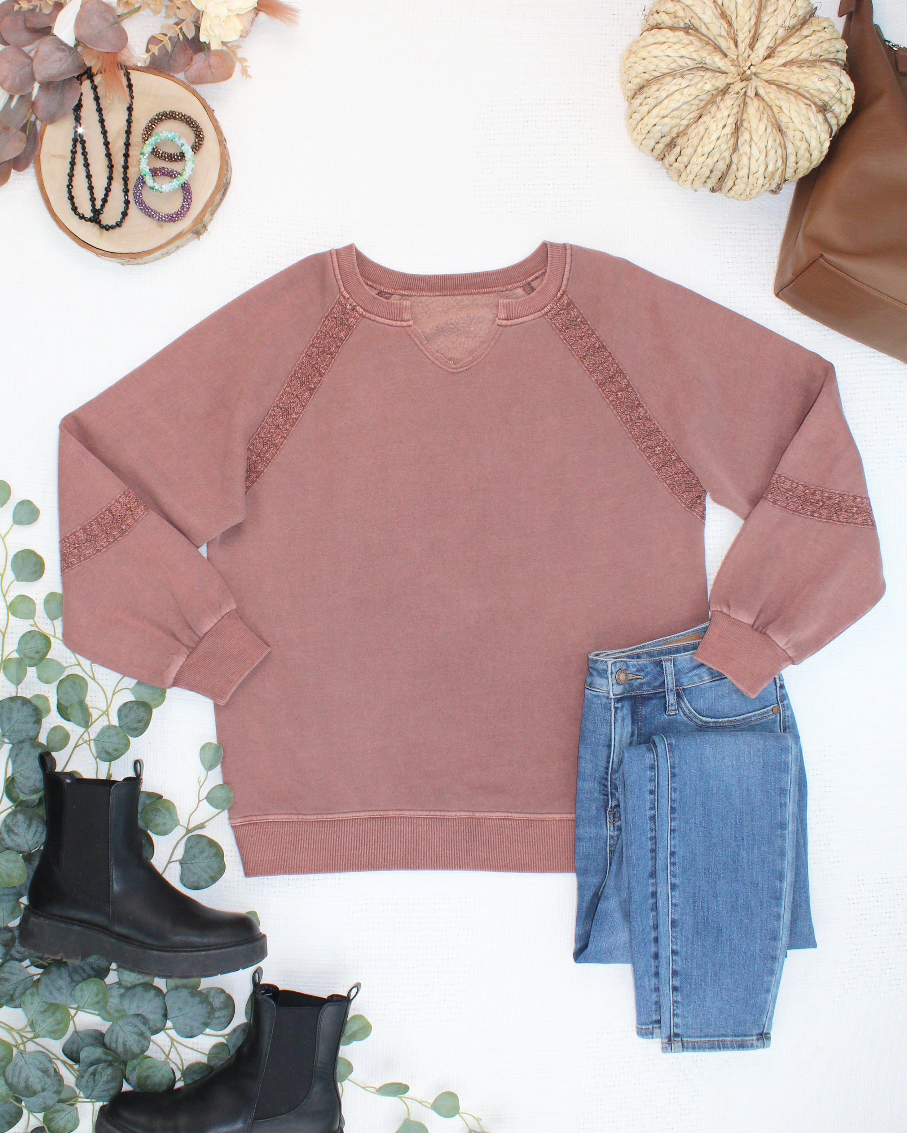 MARKET EXCLUSIVE Lace Accent Vintage Wash Pullover - Brown-pullover-Dear Me Southern Boutique, located in DeRidder, Louisiana