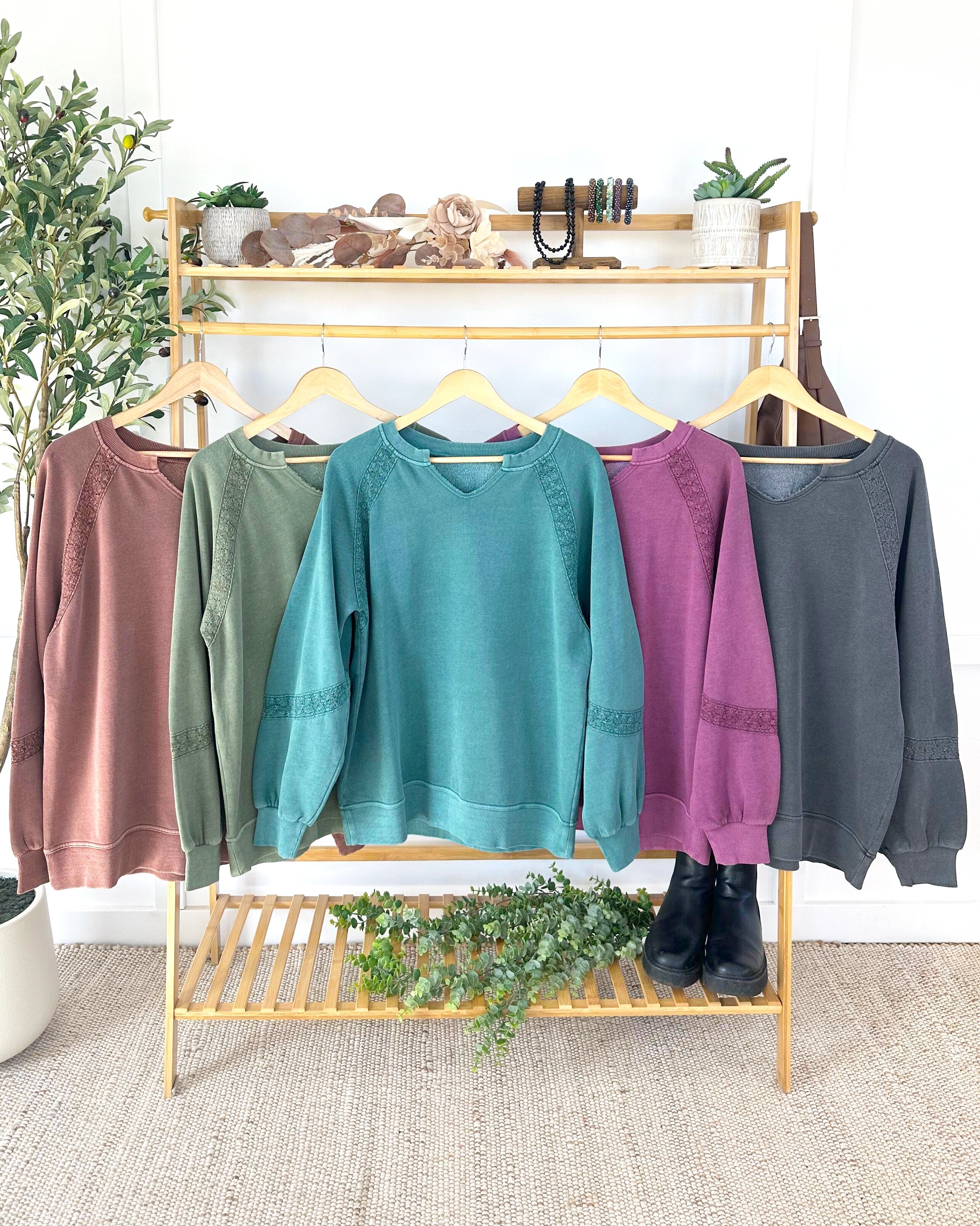 MARKET EXCLUSIVE Lace Accent Vintage Wash Pullover - Brown-pullover-Dear Me Southern Boutique, located in DeRidder, Louisiana