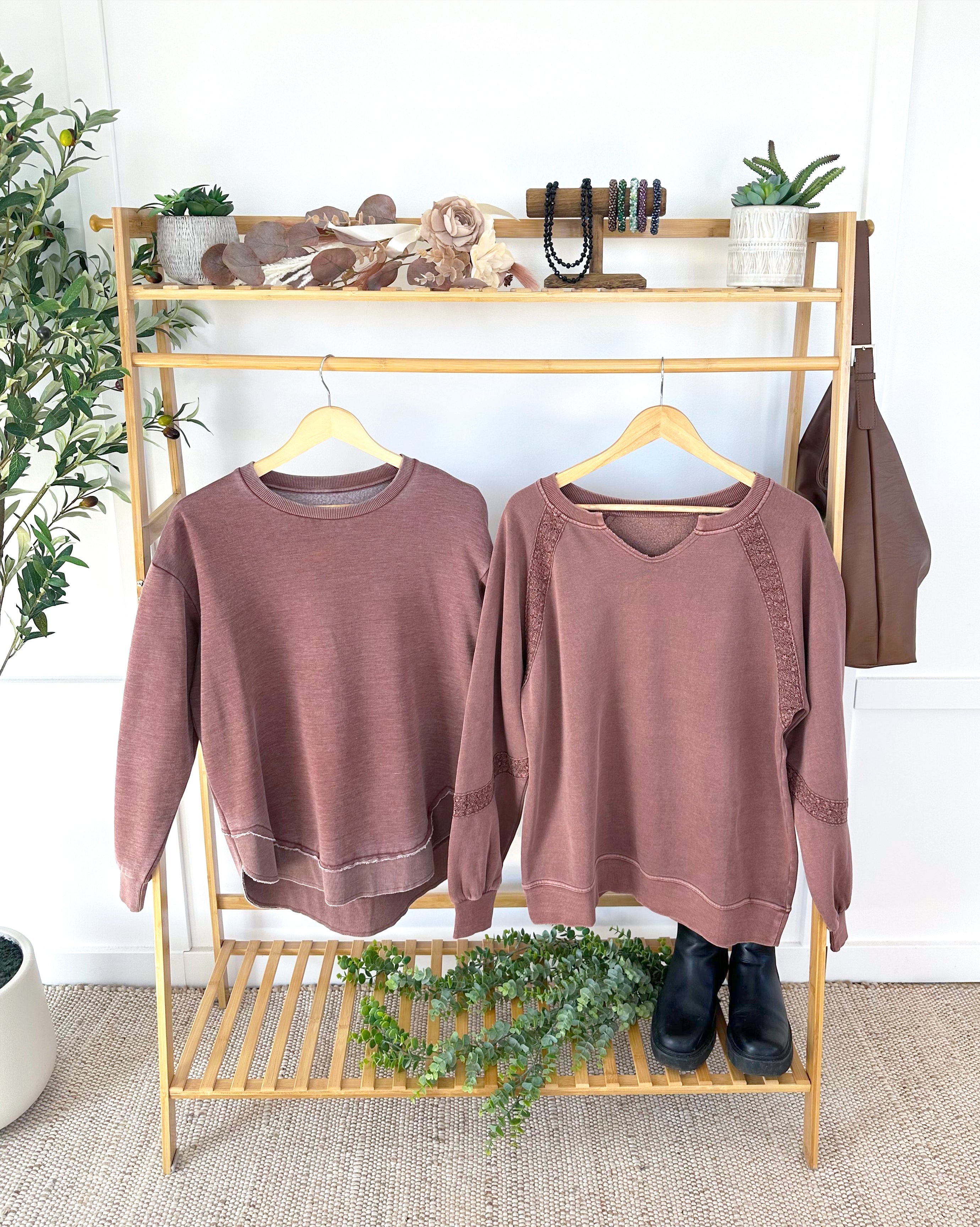 MARKET EXCLUSIVE Lace Accent Vintage Wash Pullover - Brown-pullover-Dear Me Southern Boutique, located in DeRidder, Louisiana