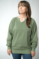 MARKET EXCLUSIVE Lace Accent Vintage Wash Pullover - Olive-Sweatshirts-Dear Me Southern Boutique, located in DeRidder, Louisiana