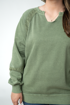 MARKET EXCLUSIVE Lace Accent Vintage Wash Pullover - Olive-Sweatshirts-Dear Me Southern Boutique, located in DeRidder, Louisiana