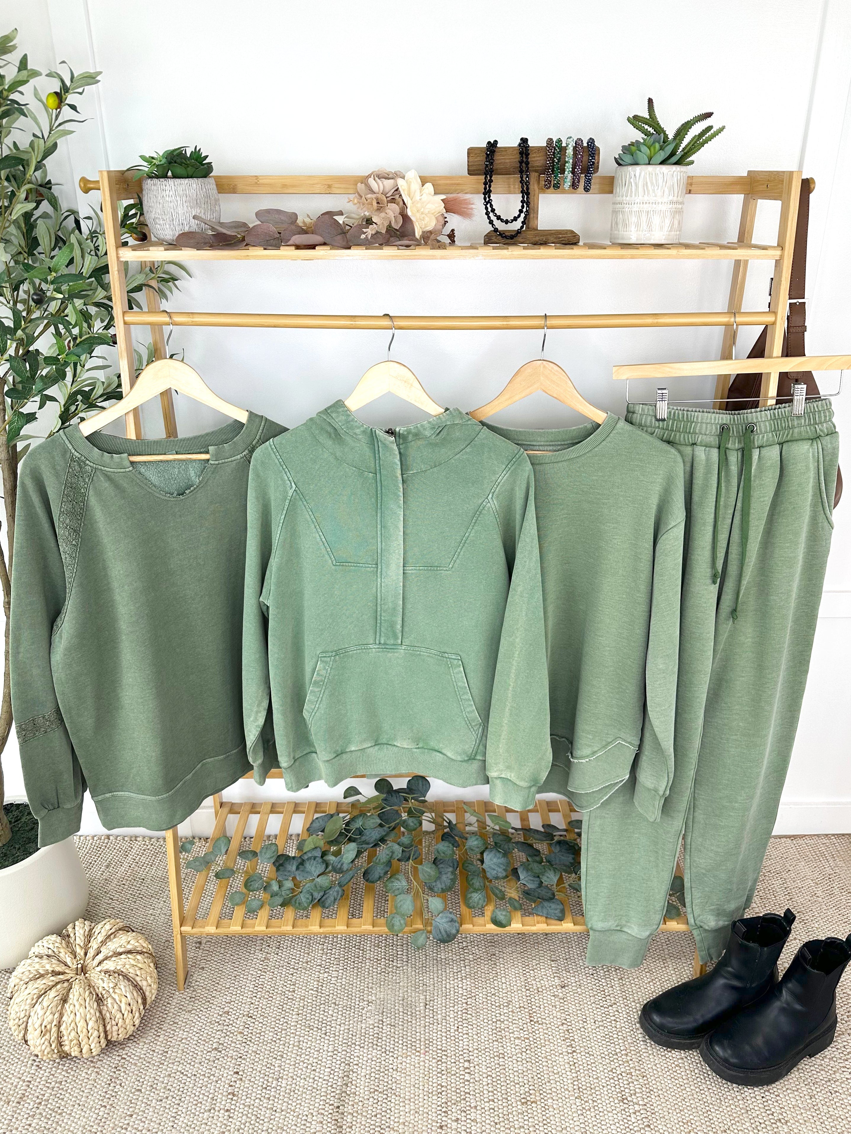 MARKET EXCLUSIVE Lace Accent Vintage Wash Pullover - Olive-pullover-Dear Me Southern Boutique, located in DeRidder, Louisiana