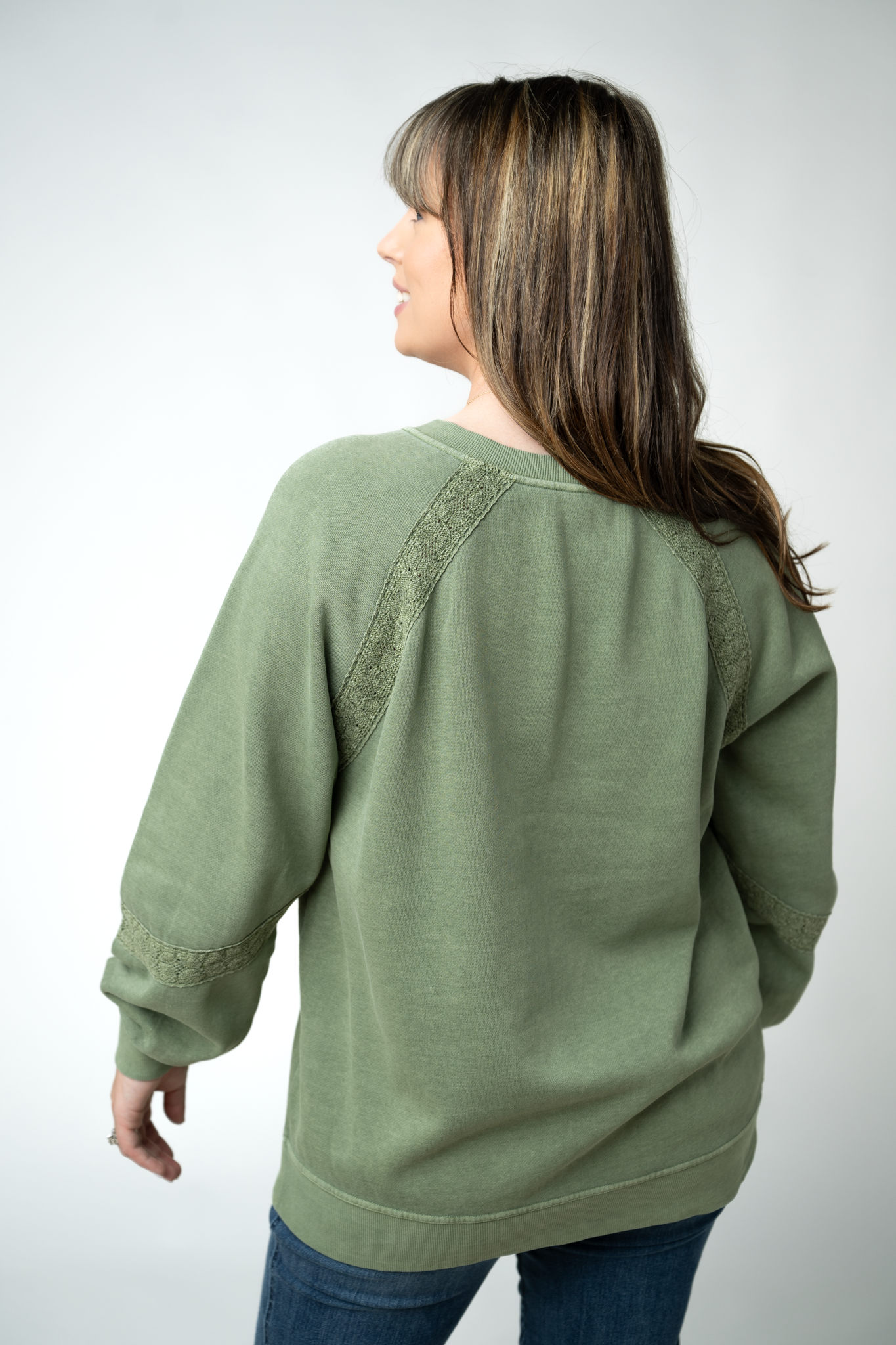 MARKET EXCLUSIVE Lace Accent Vintage Wash Pullover - Olive-pullover-Dear Me Southern Boutique, located in DeRidder, Louisiana