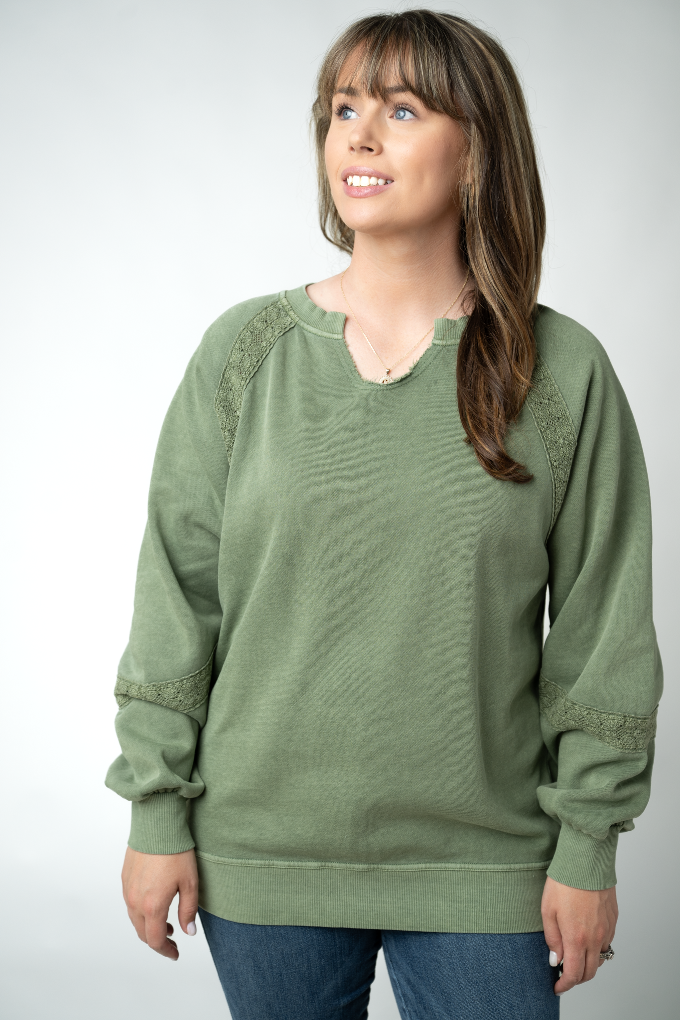 MARKET EXCLUSIVE Lace Accent Vintage Wash Pullover - Olive-pullover-Dear Me Southern Boutique, located in DeRidder, Louisiana