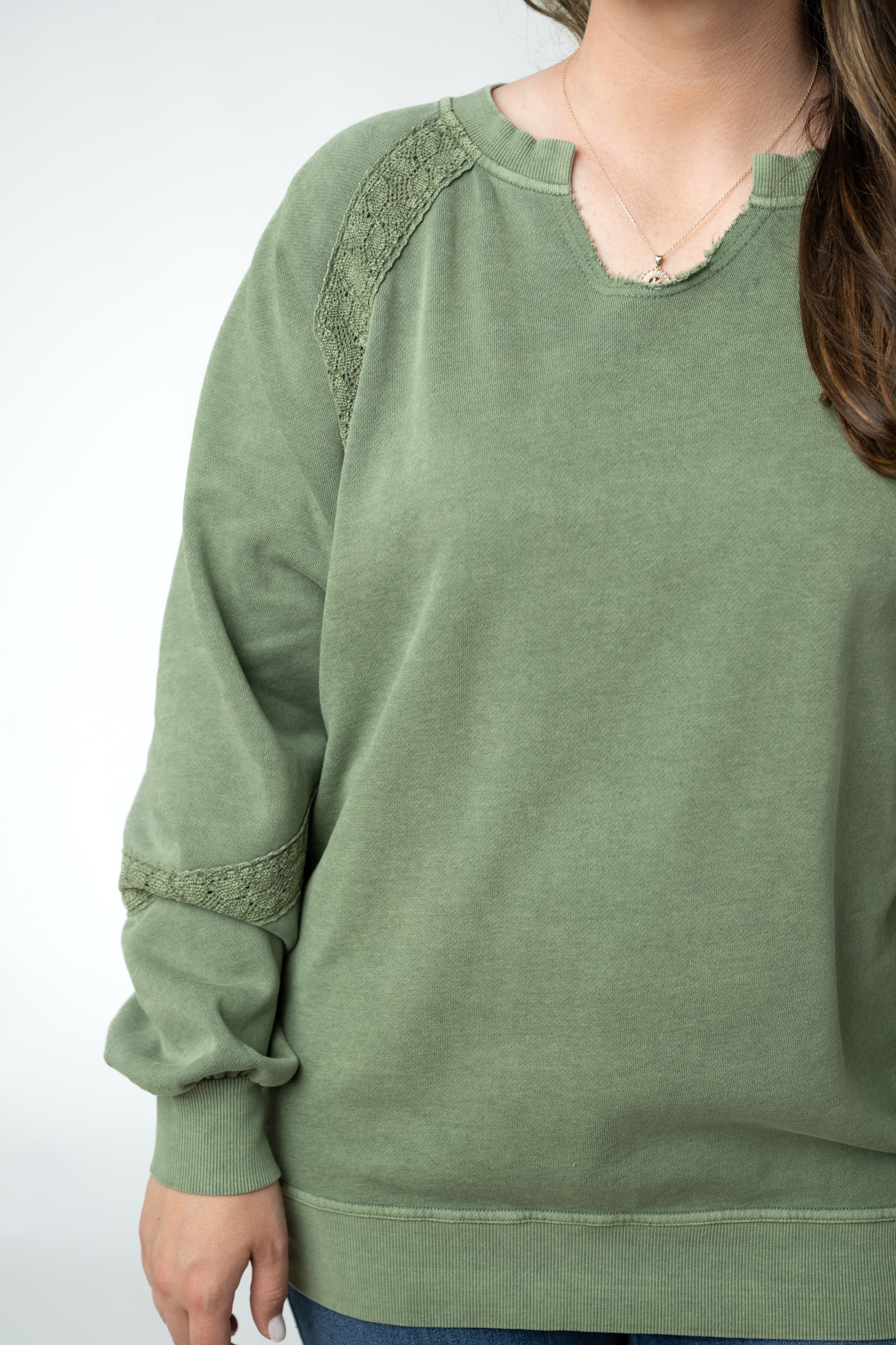 MARKET EXCLUSIVE Lace Accent Vintage Wash Pullover - Olive-pullover-Dear Me Southern Boutique, located in DeRidder, Louisiana