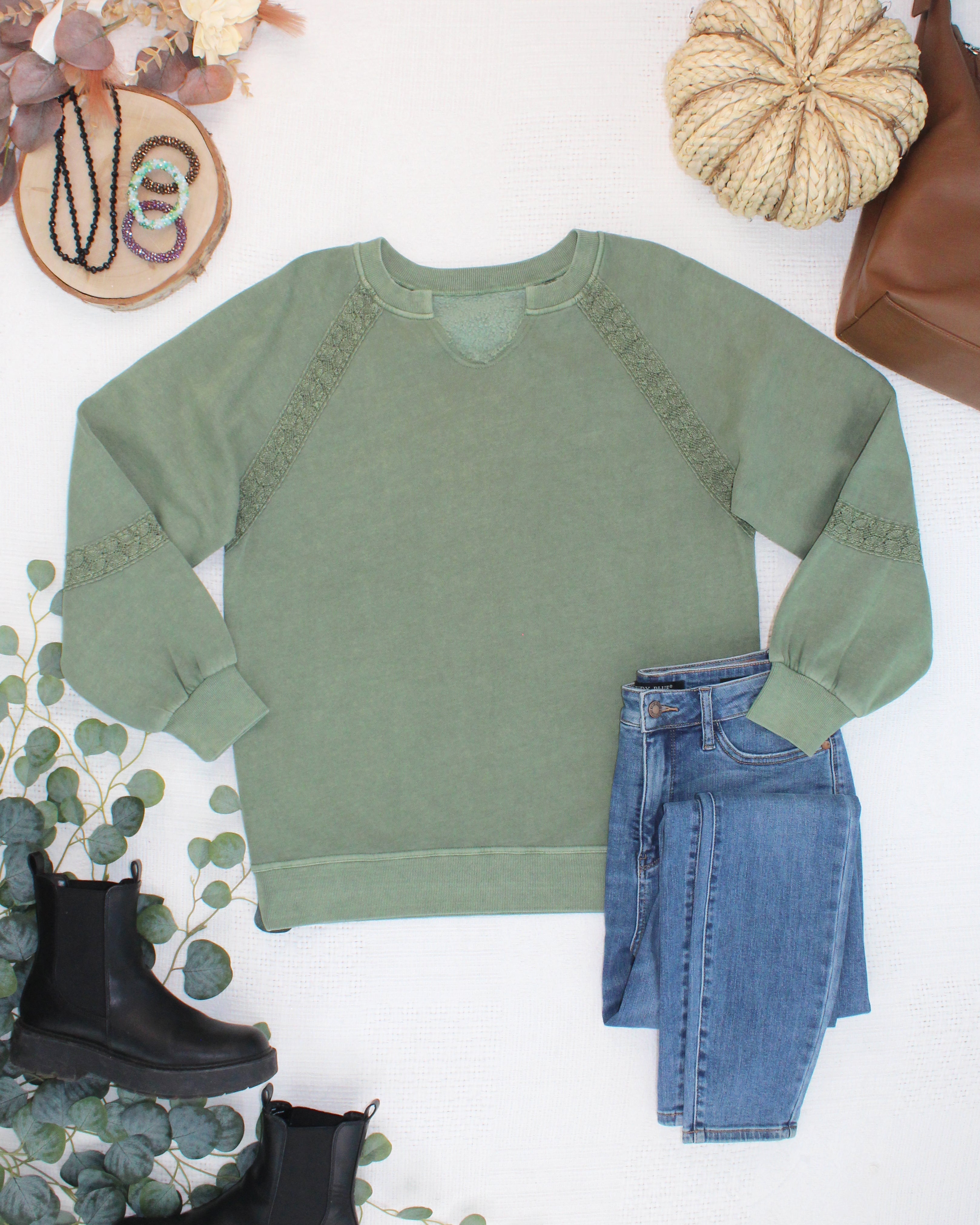MARKET EXCLUSIVE Lace Accent Vintage Wash Pullover - Olive-pullover-Dear Me Southern Boutique, located in DeRidder, Louisiana