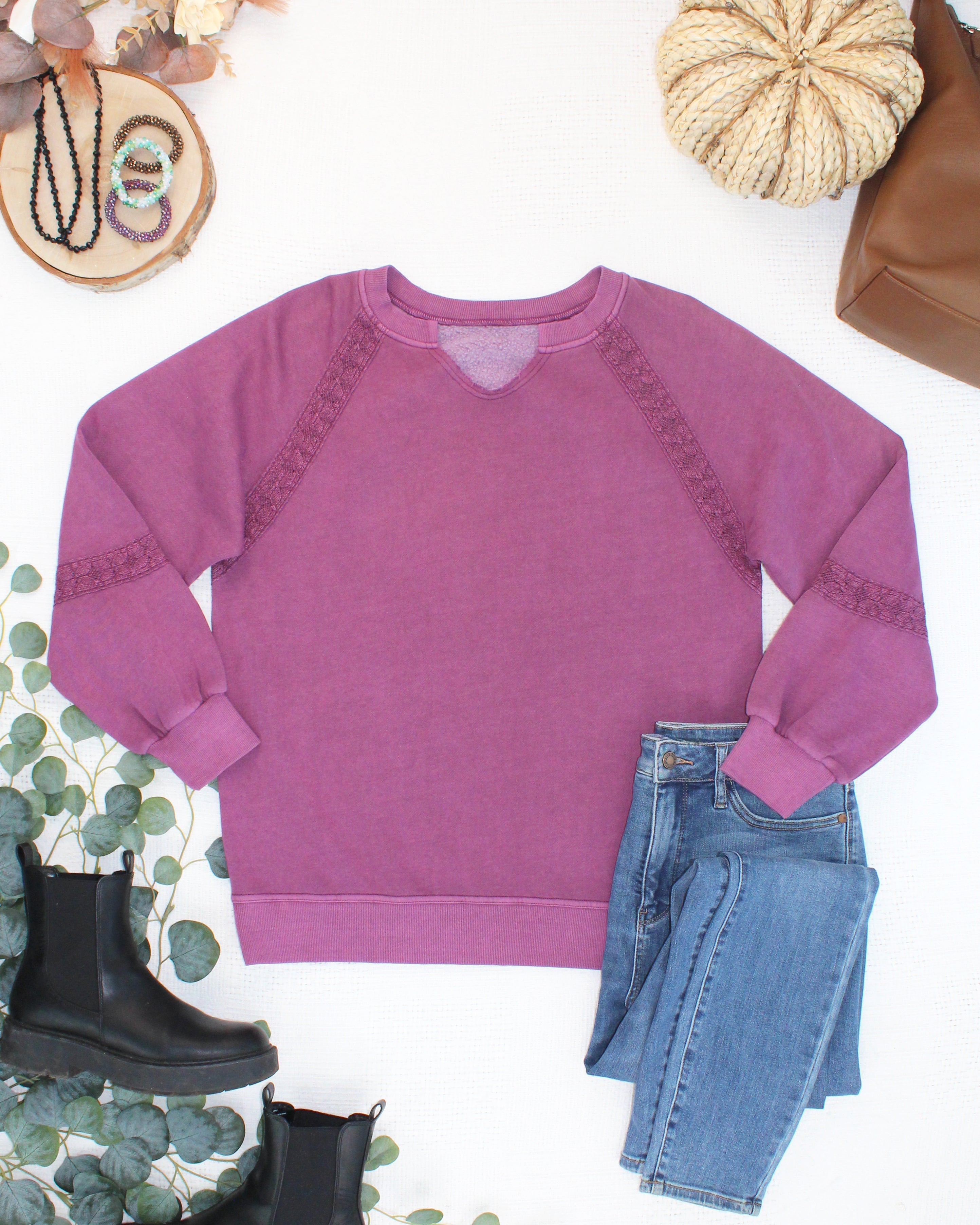 MARKET EXCLUSIVE Lace Accent Vintage Wash Pullover - Purple-pullover-Dear Me Southern Boutique, located in DeRidder, Louisiana