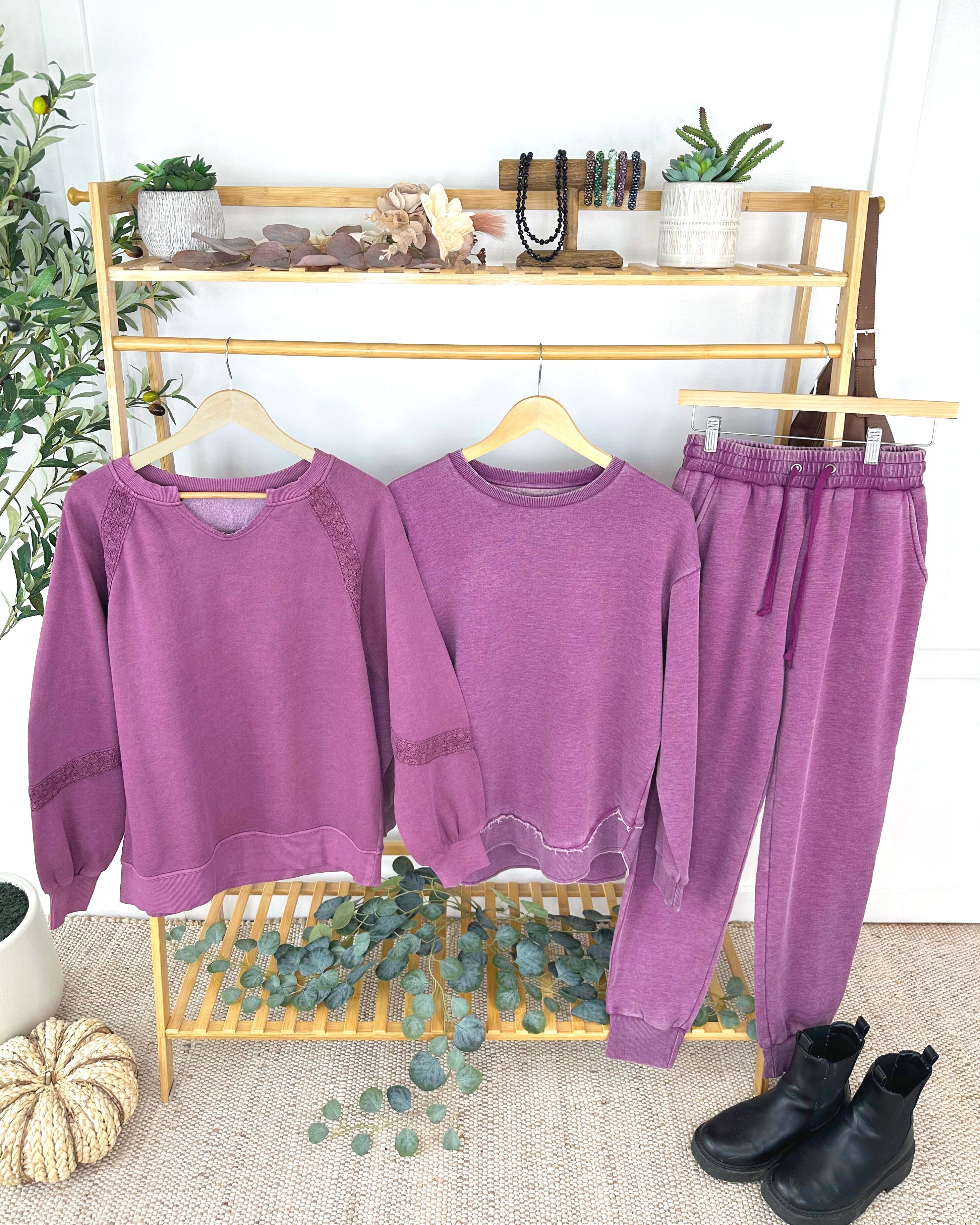 MARKET EXCLUSIVE Lace Accent Vintage Wash Pullover - Purple-pullover-Dear Me Southern Boutique, located in DeRidder, Louisiana