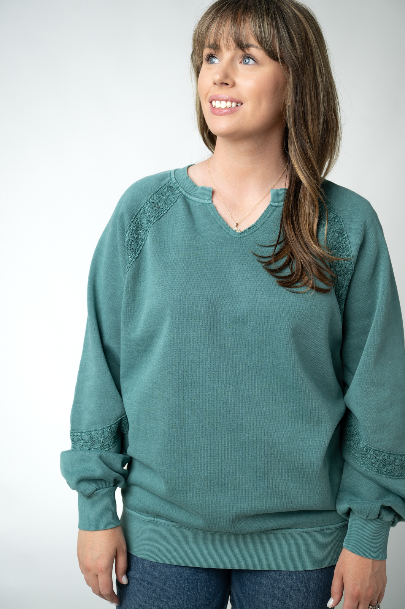MARKET EXCLUSIVE Lace Accent Vintage Wash Pullover - Teal-pullover-Dear Me Southern Boutique, located in DeRidder, Louisiana