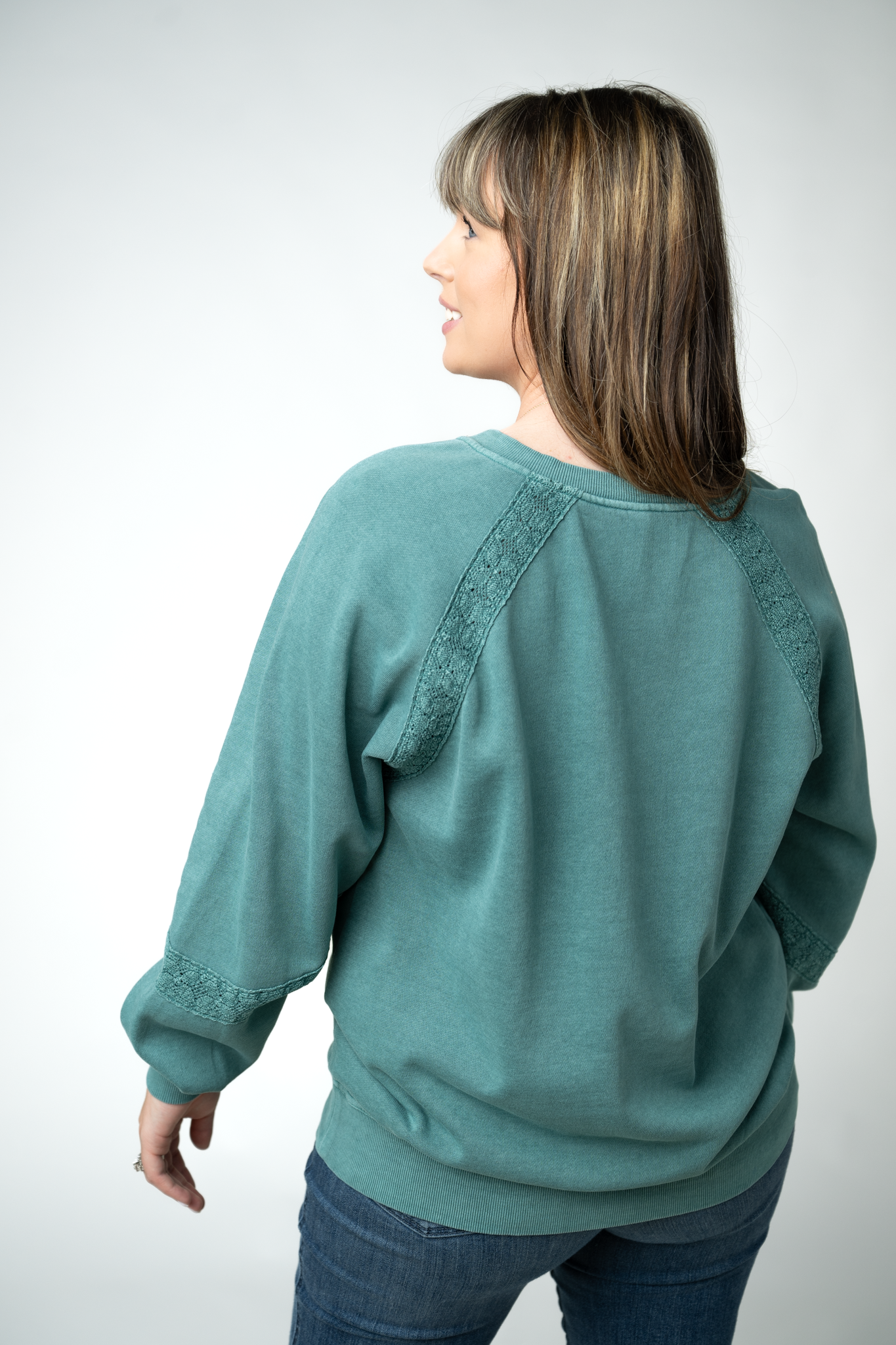 MARKET EXCLUSIVE Lace Accent Vintage Wash Pullover - Teal-pullover-Dear Me Southern Boutique, located in DeRidder, Louisiana