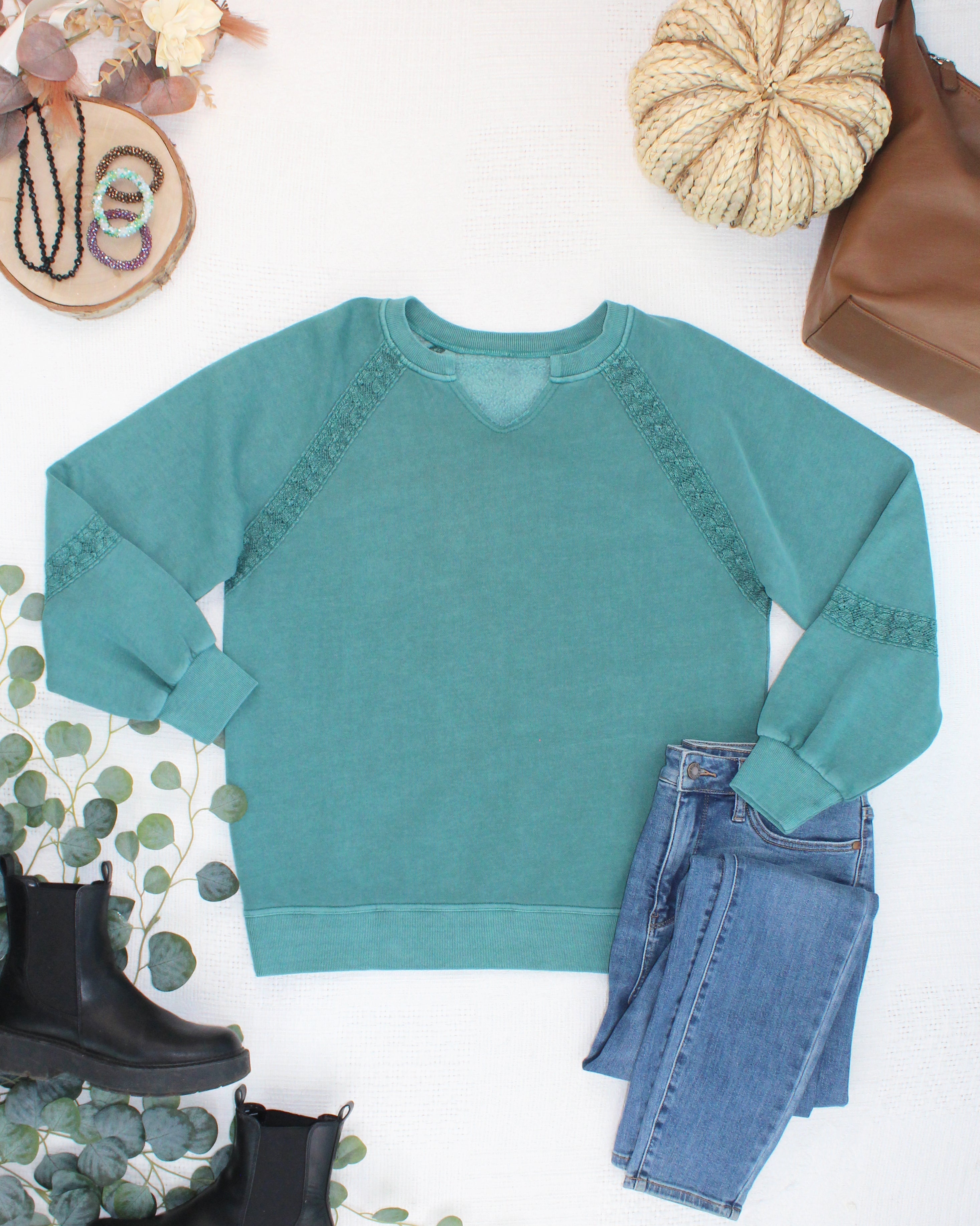 MARKET EXCLUSIVE Lace Accent Vintage Wash Pullover - Teal-pullover-Dear Me Southern Boutique, located in DeRidder, Louisiana