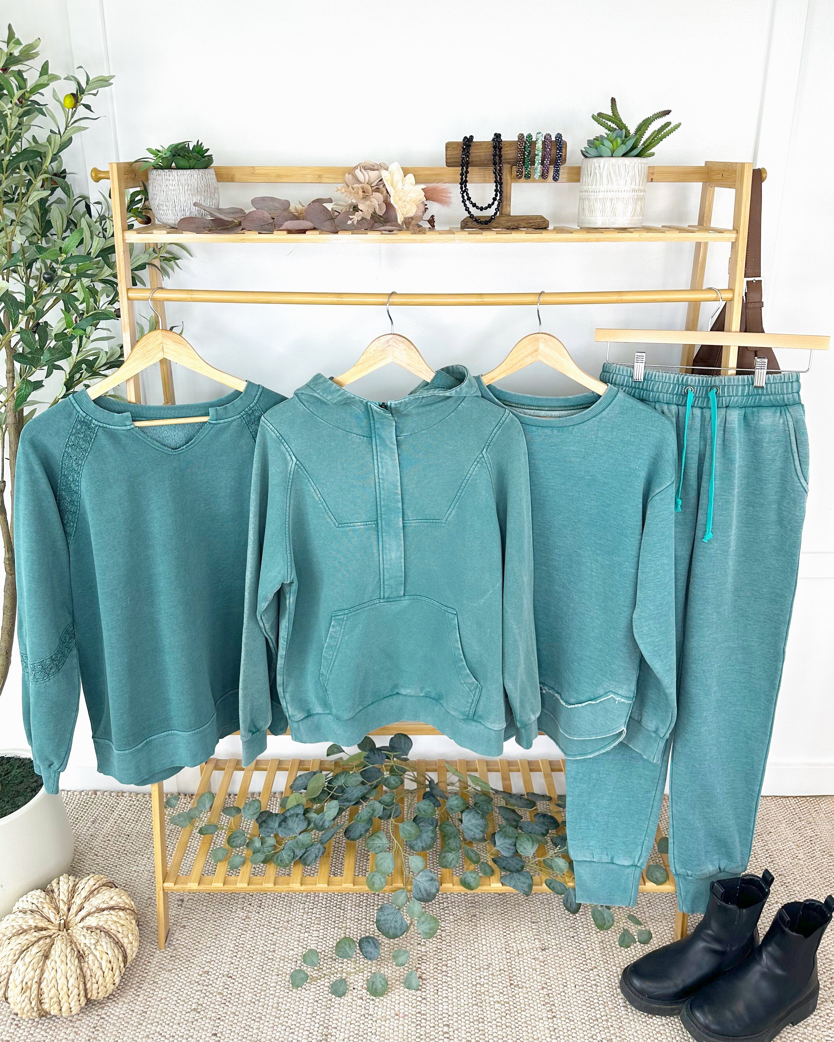 MARKET EXCLUSIVE Lace Accent Vintage Wash Pullover - Teal-pullover-Dear Me Southern Boutique, located in DeRidder, Louisiana