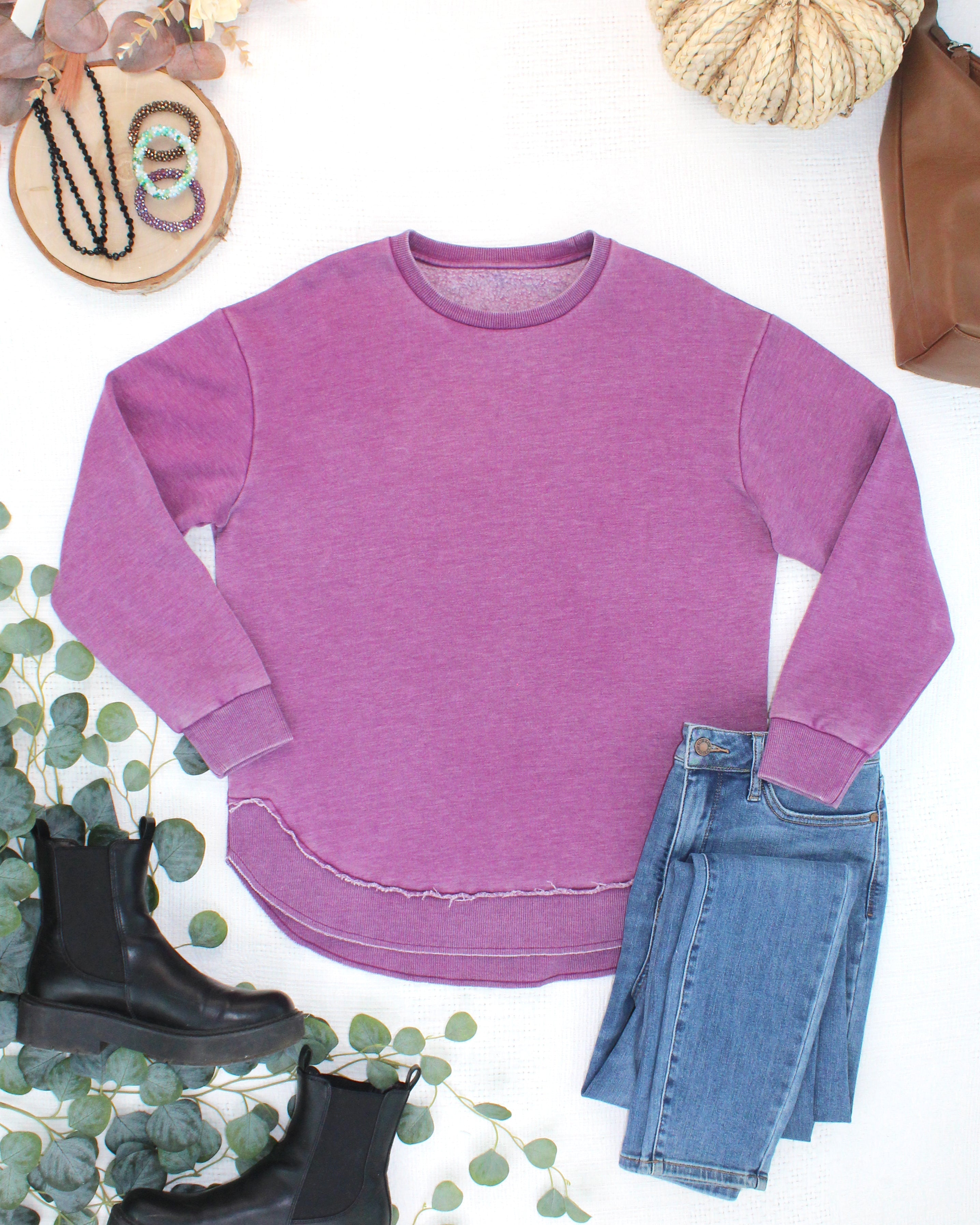 MARKET EXCLUSIVE Vintage Wash Pullover - Purple-Pullover-Dear Me Southern Boutique, located in DeRidder, Louisiana