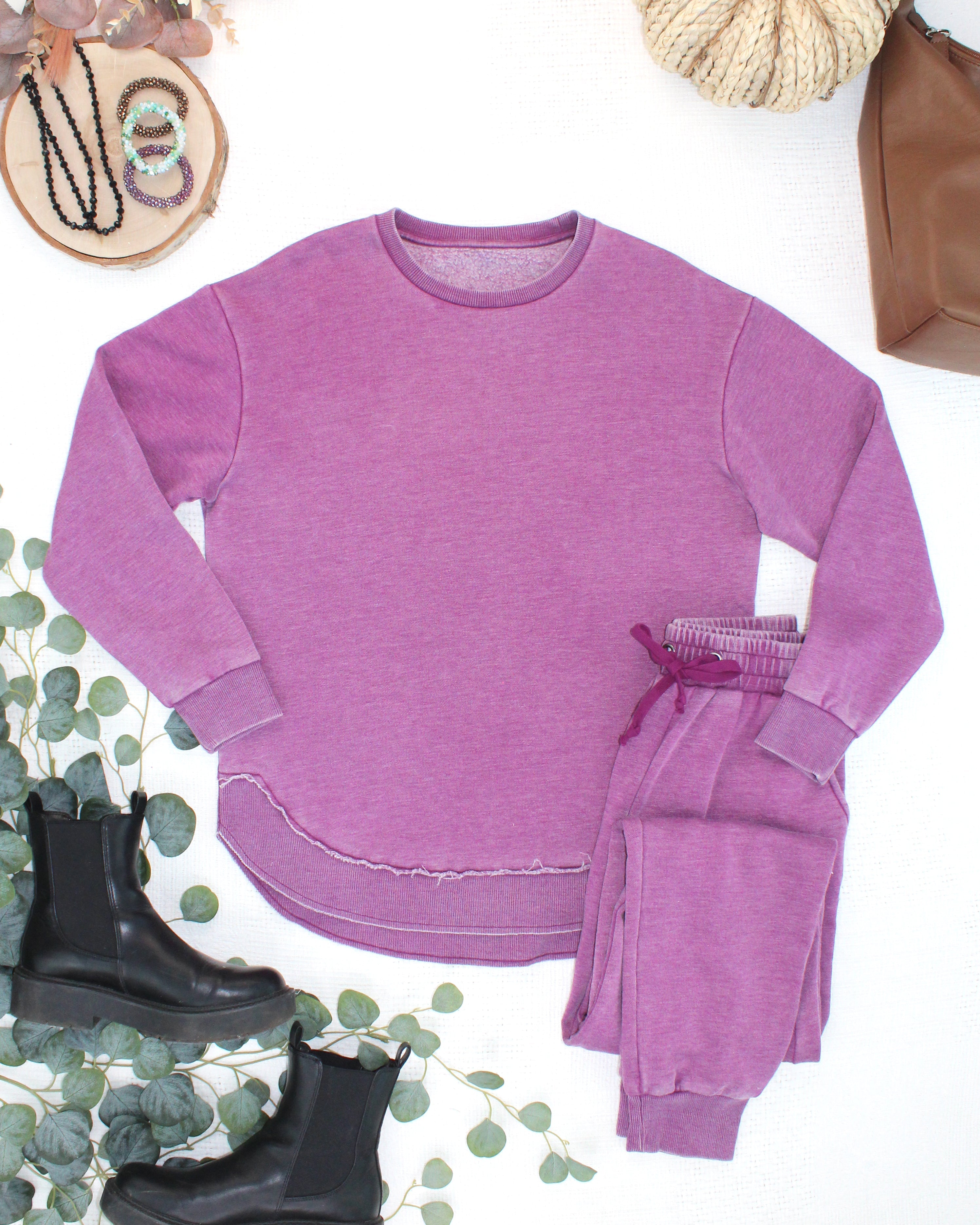 MARKET EXCLUSIVE Vintage Wash Pullover - Purple-Pullover-Dear Me Southern Boutique, located in DeRidder, Louisiana
