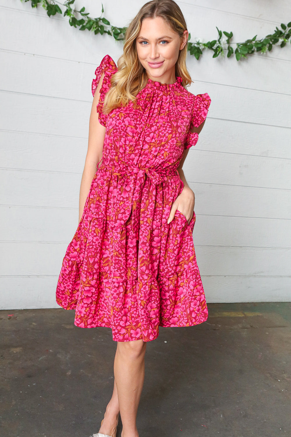 Magenta Floral Frill Dress-Dresses-Dear Me Southern Boutique, located in DeRidder, Louisiana