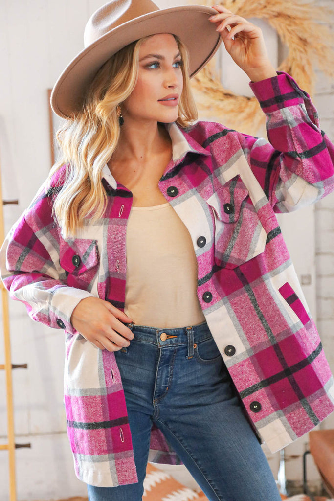 Magenta Plaid Flannel Button Down Oversized Jacket-Dear Me Southern Boutique, located in DeRidder, Louisiana