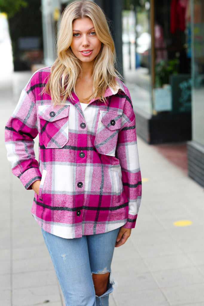 Magenta Plaid Flannel Button Down Oversized Jacket-Dear Me Southern Boutique, located in DeRidder, Louisiana
