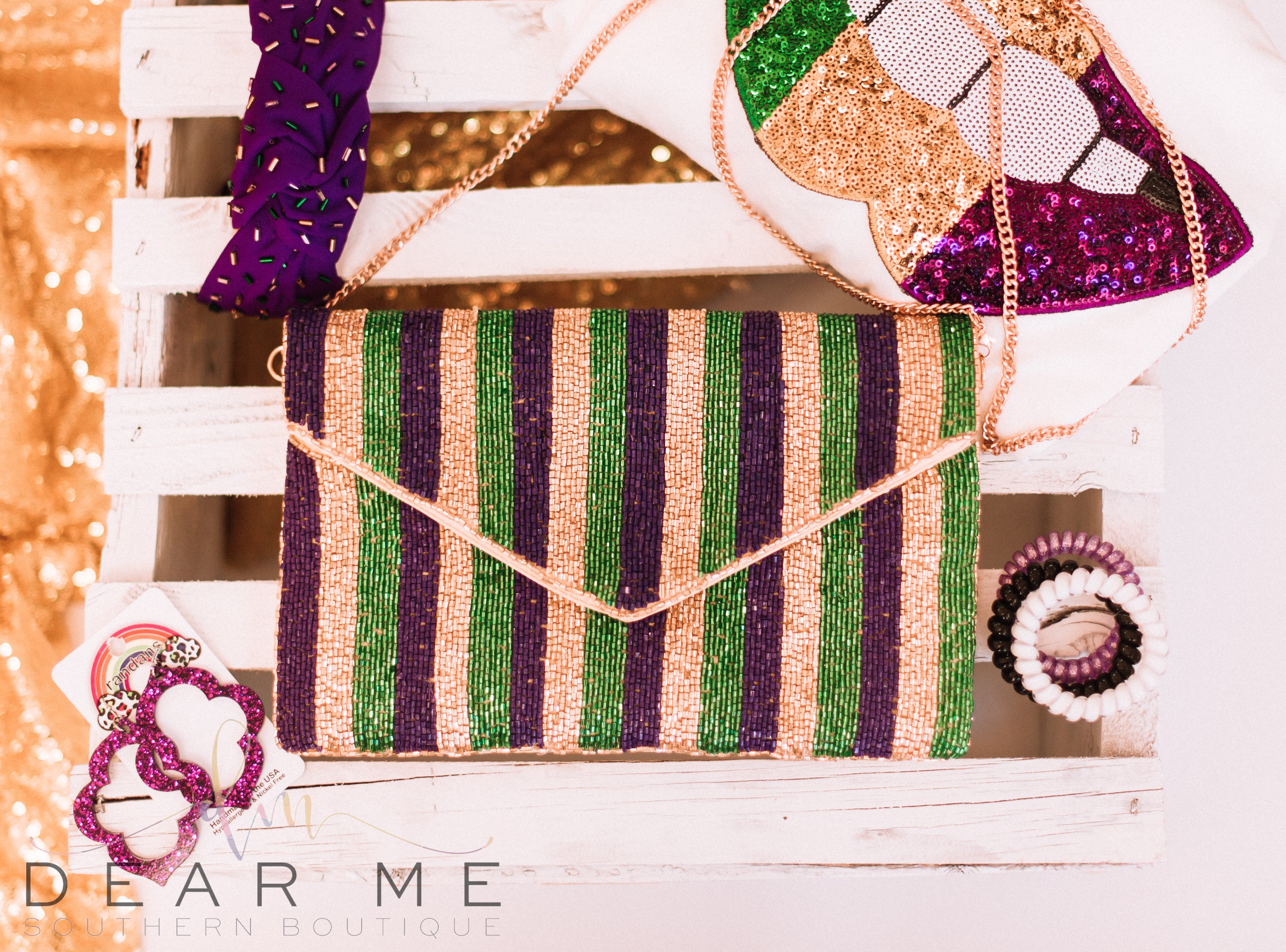 Mardi Gras Beaded Snap Crossbody Clutch-Clutch Bags-Dear Me Southern Boutique, located in DeRidder, Louisiana