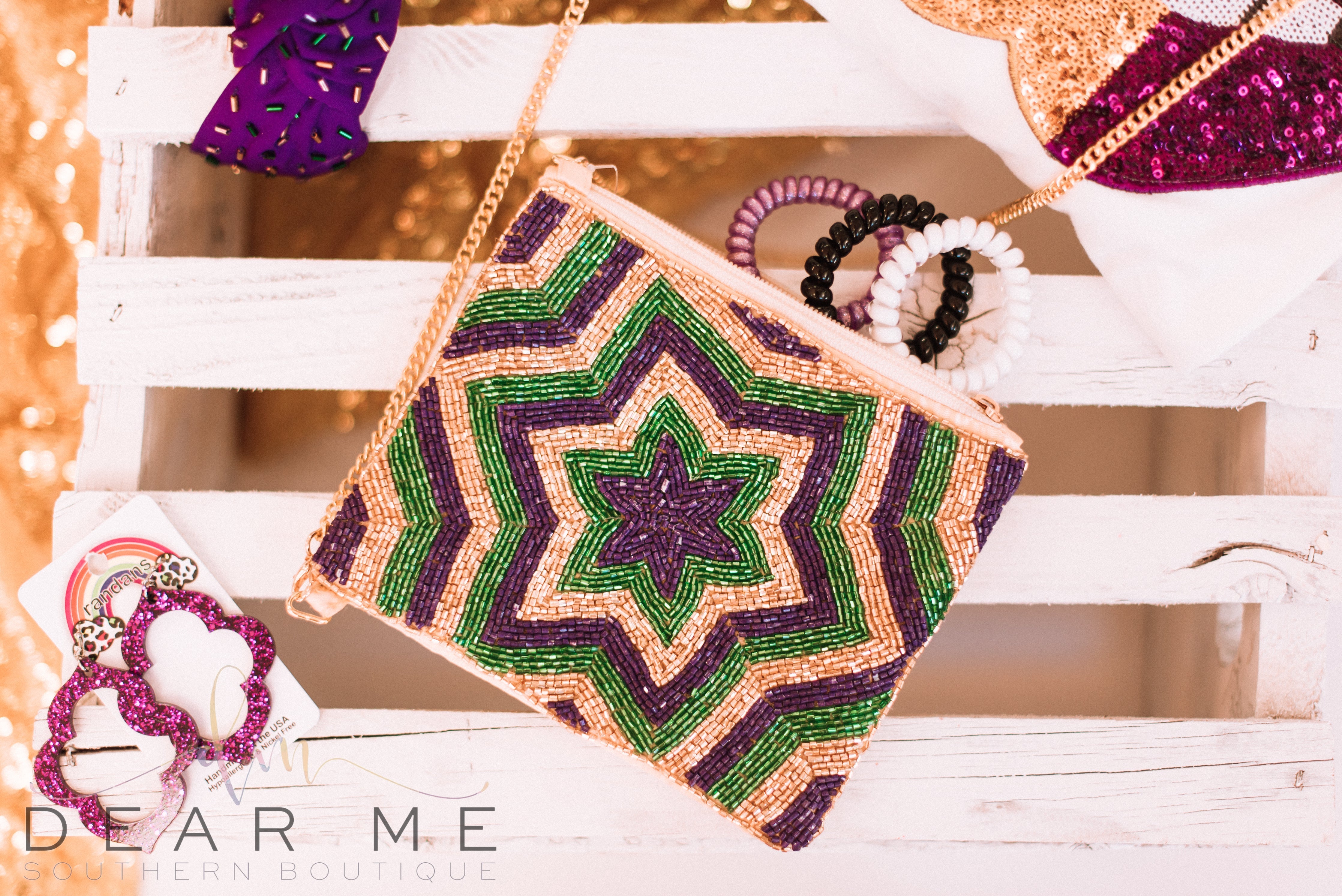 Mardi Gras Beaded Star Crossbody Mini-Handbags-Dear Me Southern Boutique, located in DeRidder, Louisiana