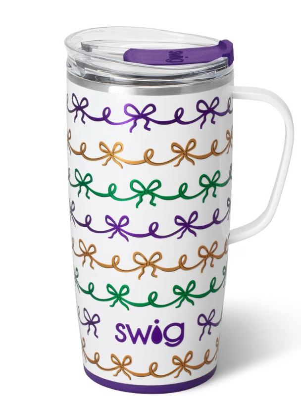 Mardi Gras Bows Swig Travel Mug 22oz-Travel Mugs-Dear Me Southern Boutique, located in DeRidder, Louisiana