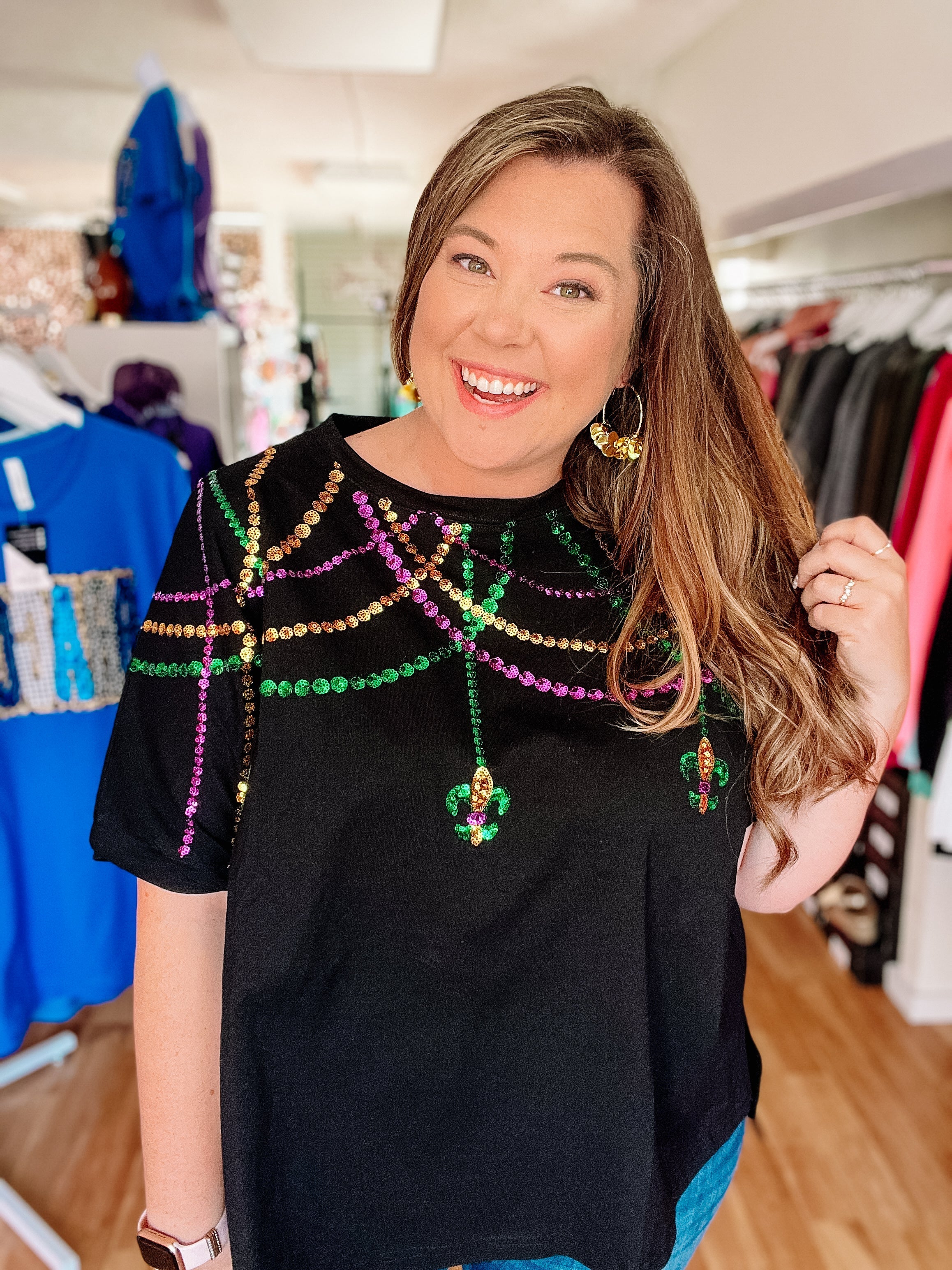 Mardi Gras Sequin Necklace Top-Graphic Tops-Dear Me Southern Boutique, located in DeRidder, Louisiana