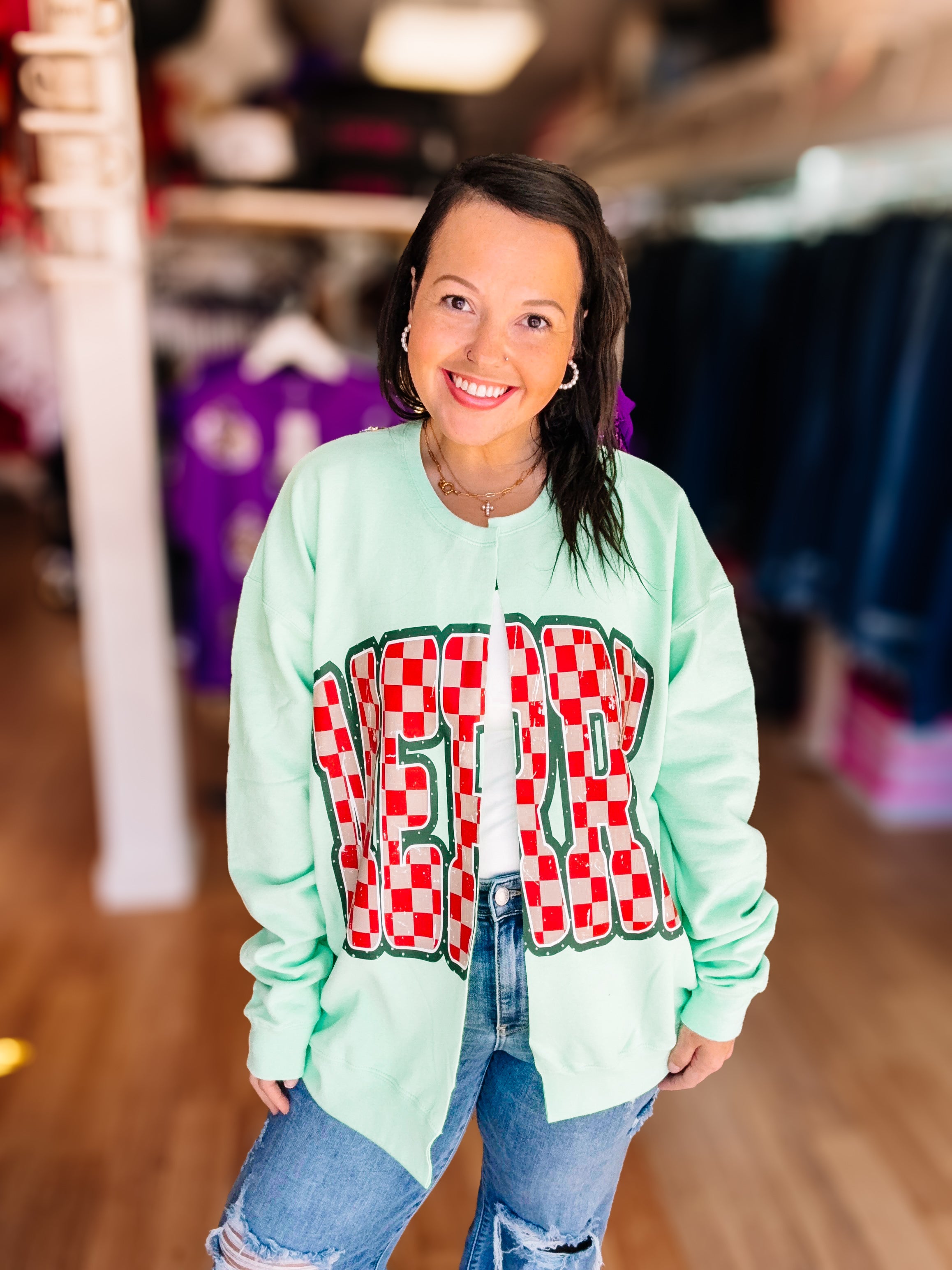 Merry Mint Cut-Up Sweatshirt Cardigan-Graphic Tops-Dear Me Southern Boutique, located in DeRidder, Louisiana