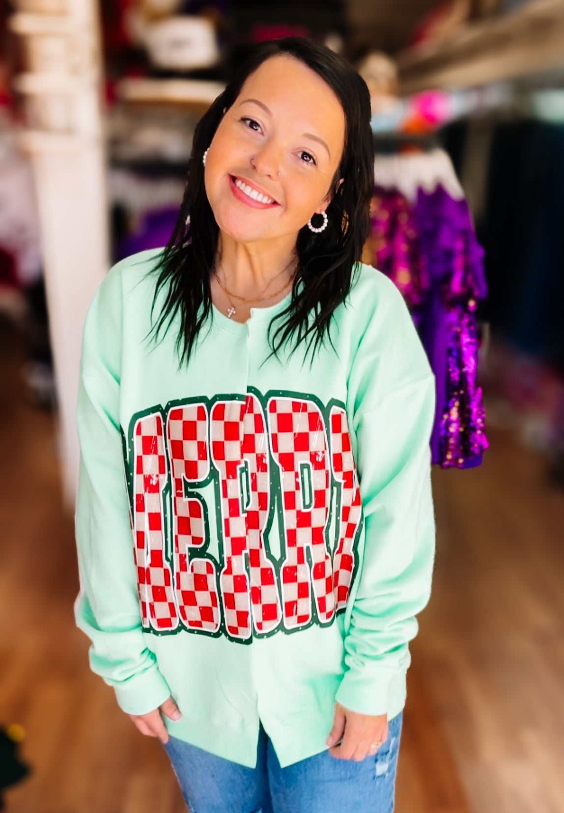 Merry Mint Cut-Up Sweatshirt Cardigan-Graphic Tops-Dear Me Southern Boutique, located in DeRidder, Louisiana