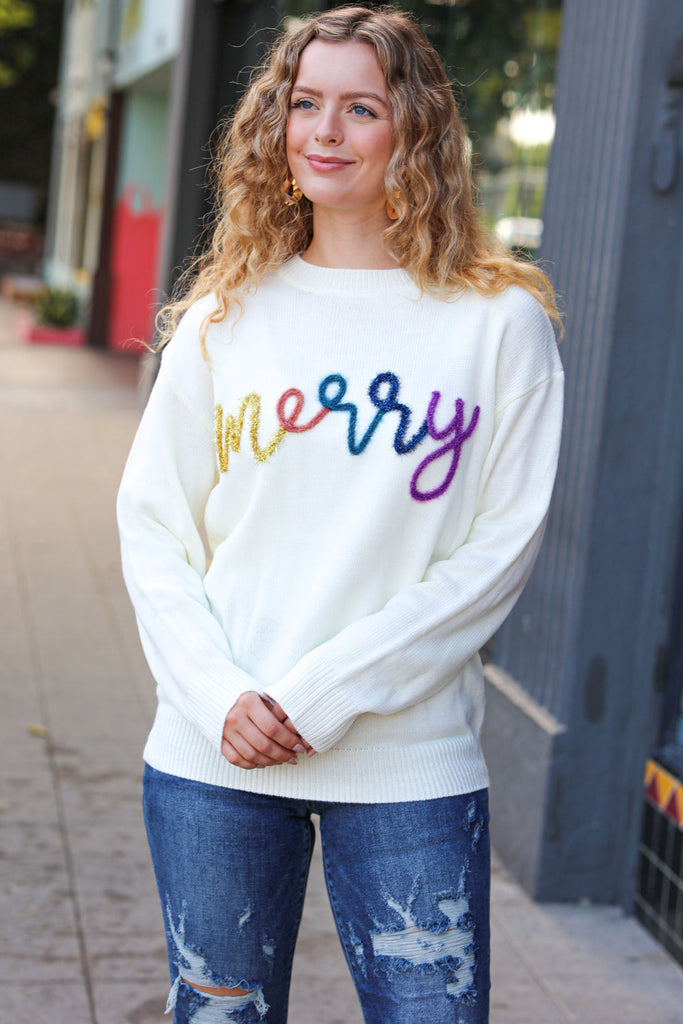 Merry White Pop Up Tinsel Sweater-Dear Me Southern Boutique, located in DeRidder, Louisiana