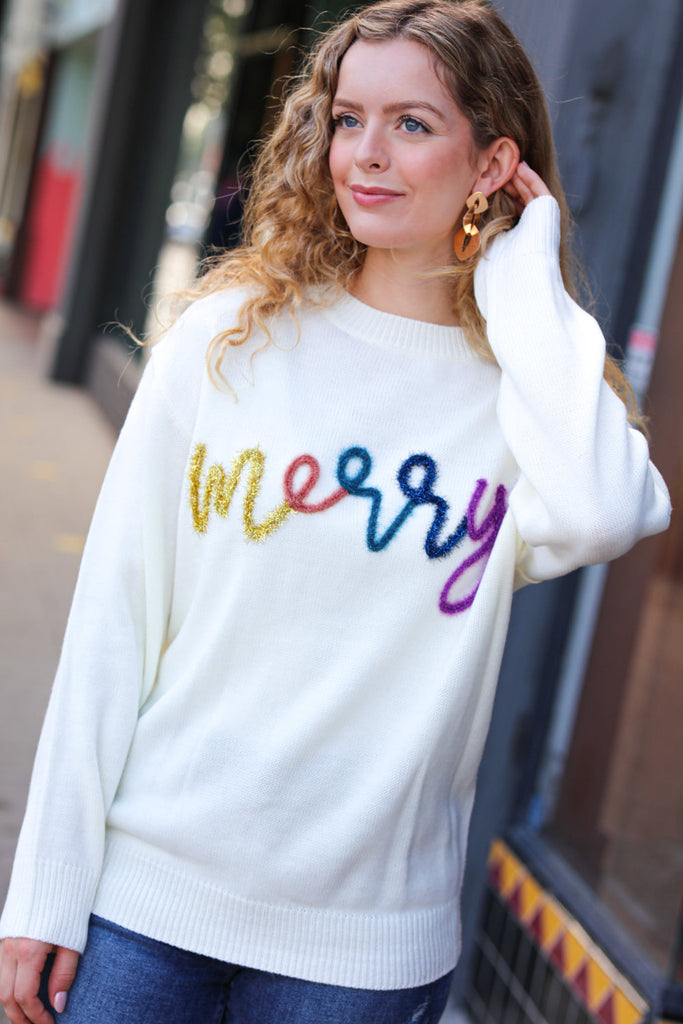 Merry White Pop Up Tinsel Sweater-Dear Me Southern Boutique, located in DeRidder, Louisiana