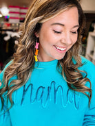 Metallic Mama Puff Crewneck - Aqua-Dear Me Southern Boutique, located in DeRidder, Louisiana